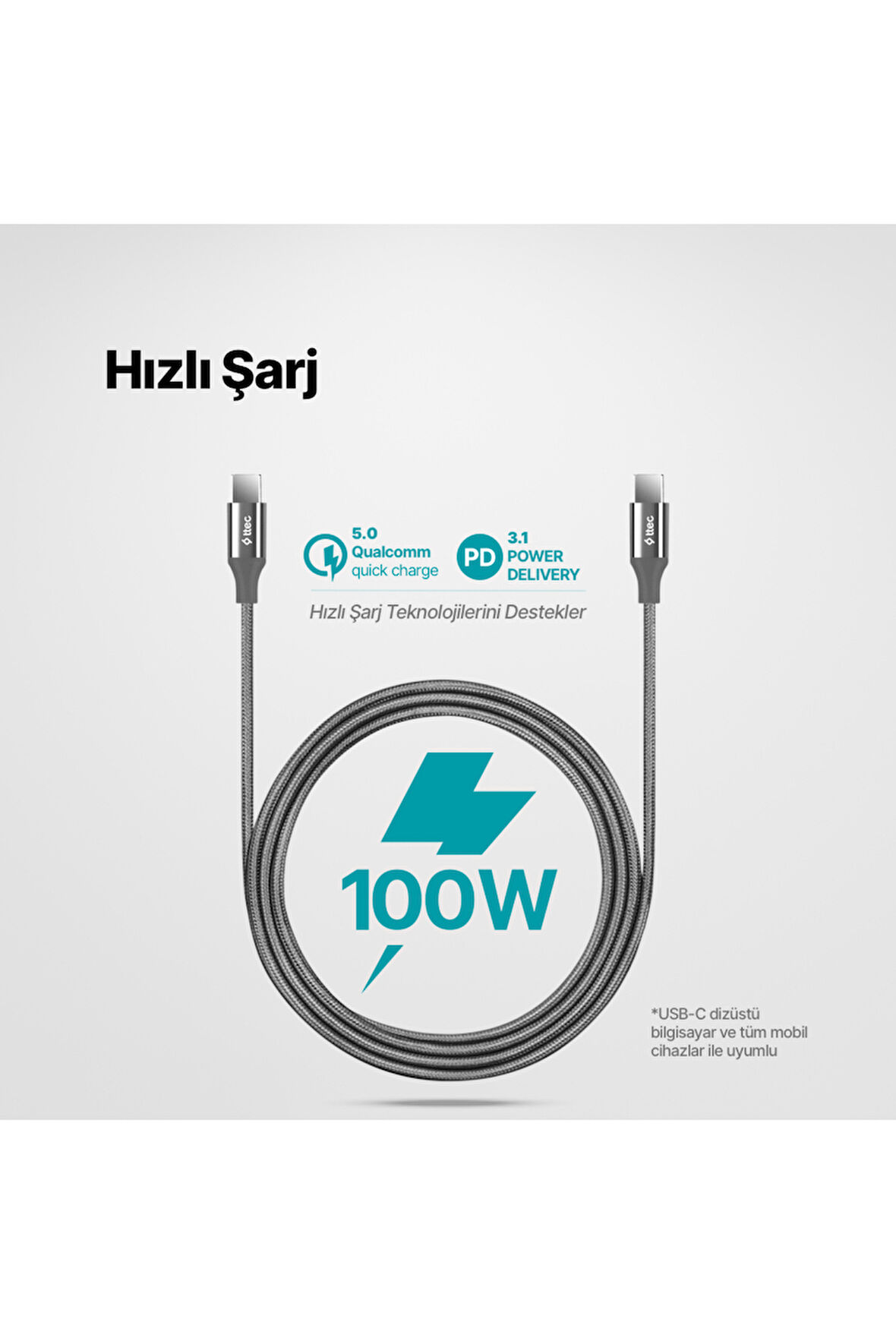 AlumiCable USB-C - USB-C 150cm 100W PD/QC Hızlı Şarj/İPhone 15/15Pro/16/16Pro/16 Pro Max Uyumlu