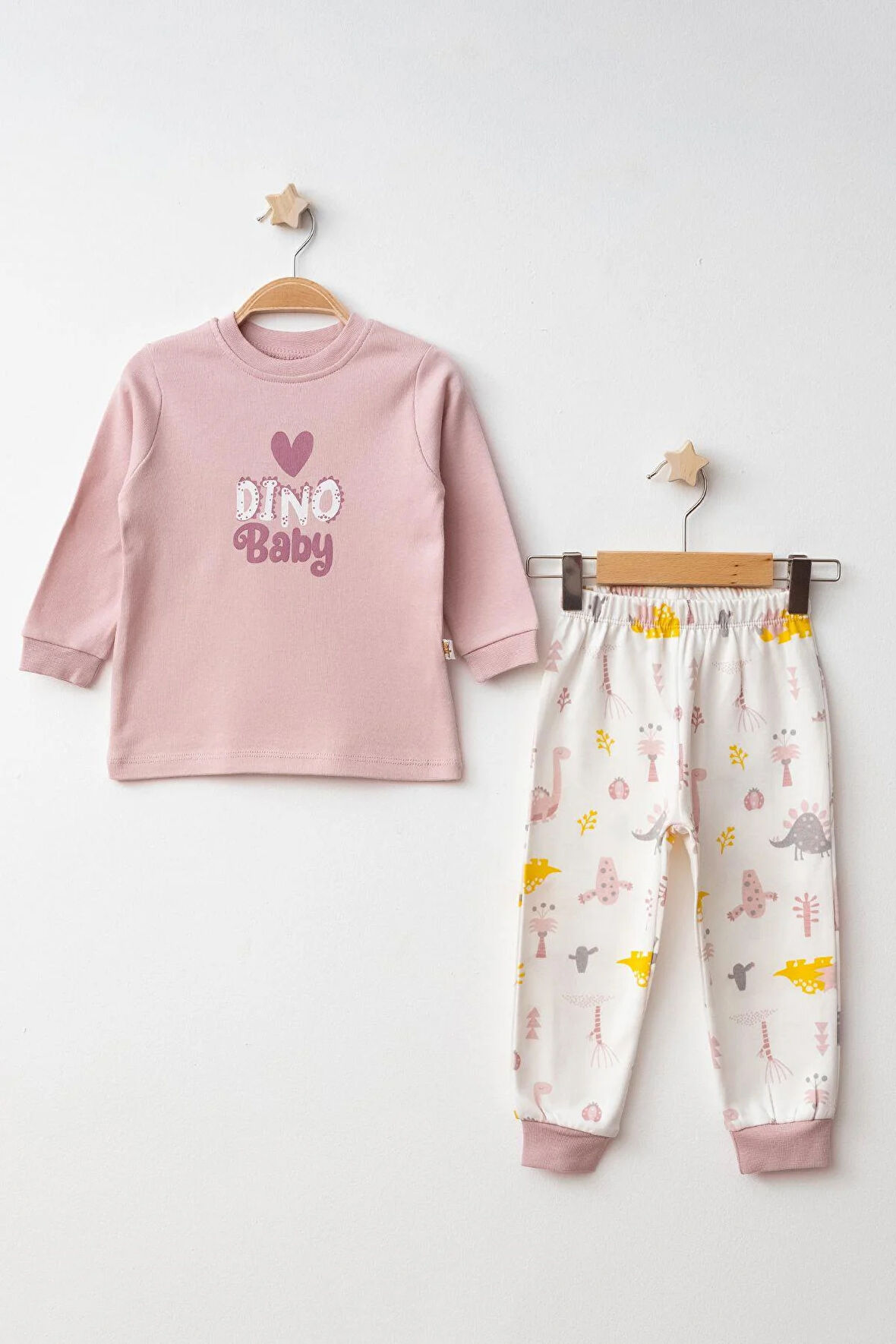 Mini Damla Pijama Takımı Penye Dino Baby Baskılı Pudra