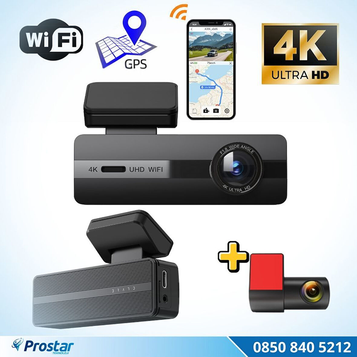 2 Kameralı 4K+1080P Ekransız WIFI GPS 24 Saat Park Modu Özellikli Dashcam Kamera