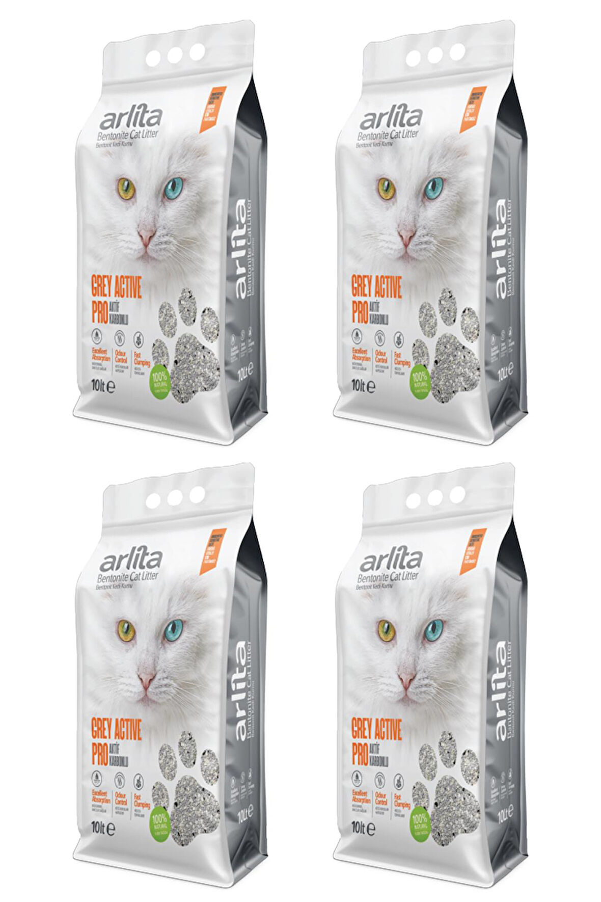Arlita Grey Actıve Pro Aktif Karbonlu Parfümsüz İnce Tane Topaklanan Koku Hapseden  4x10 L 4 Adet 10 Litre  Kedi Kumu