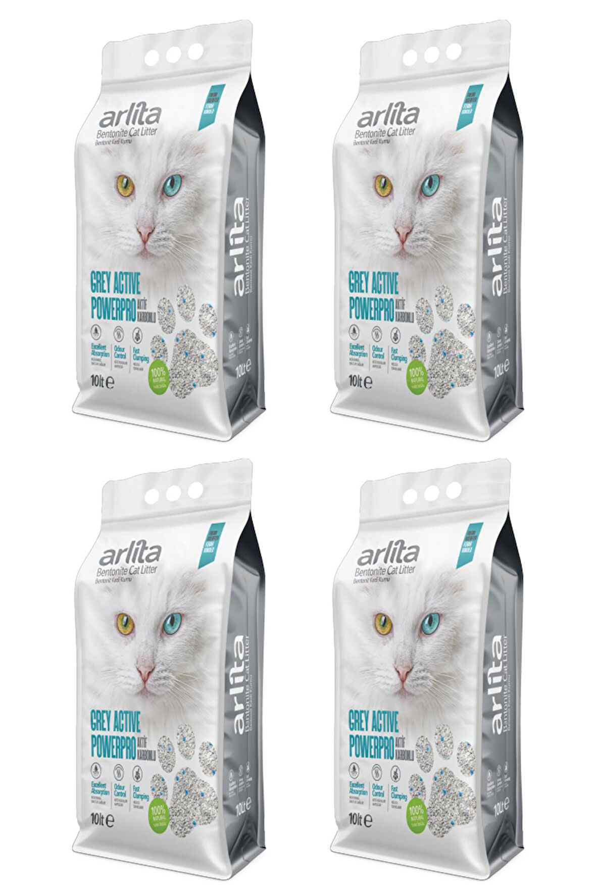 Arlita Grey Actıve PowerPro Aktif Karbonlu Fresh Kokulu İnce Taneli Topaklanan 4x10 L 4 Adet  Kedi Kumu