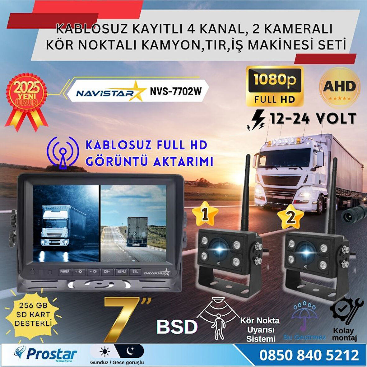2 Kablosuz Kameralı 7 inç Kayıtlı Monitör Full HD BSD Kör Nokta Uyarı Sistemli Tak Kullan Kamera Seti
