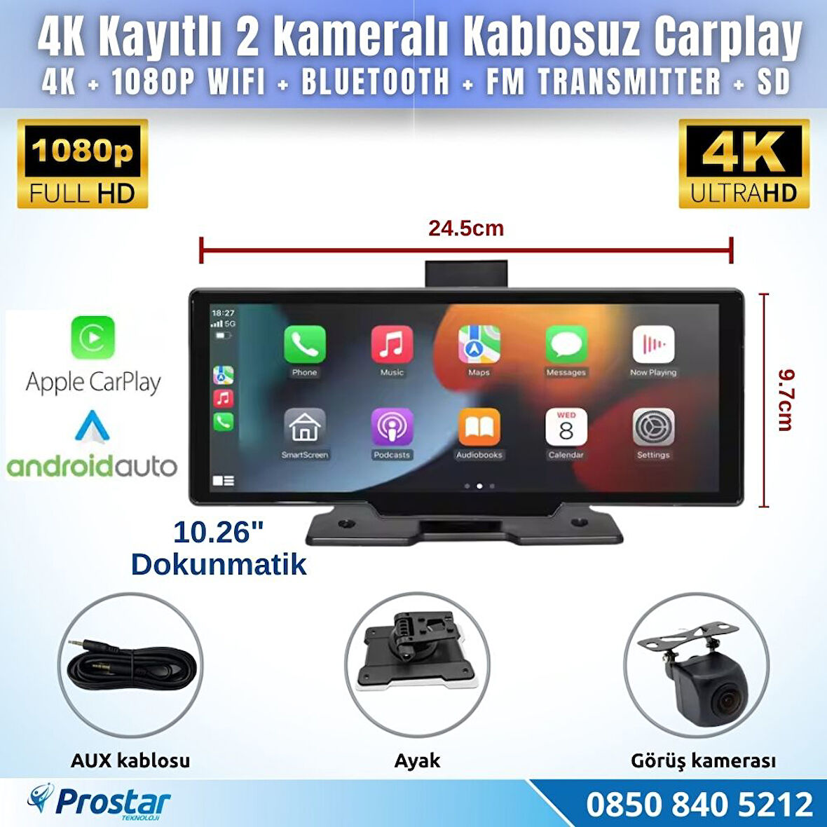 Dokunmatik 10.26 inç 4K+1080P Çift Kameralı Kablosuz Carplay Wifi Bluetooth Set