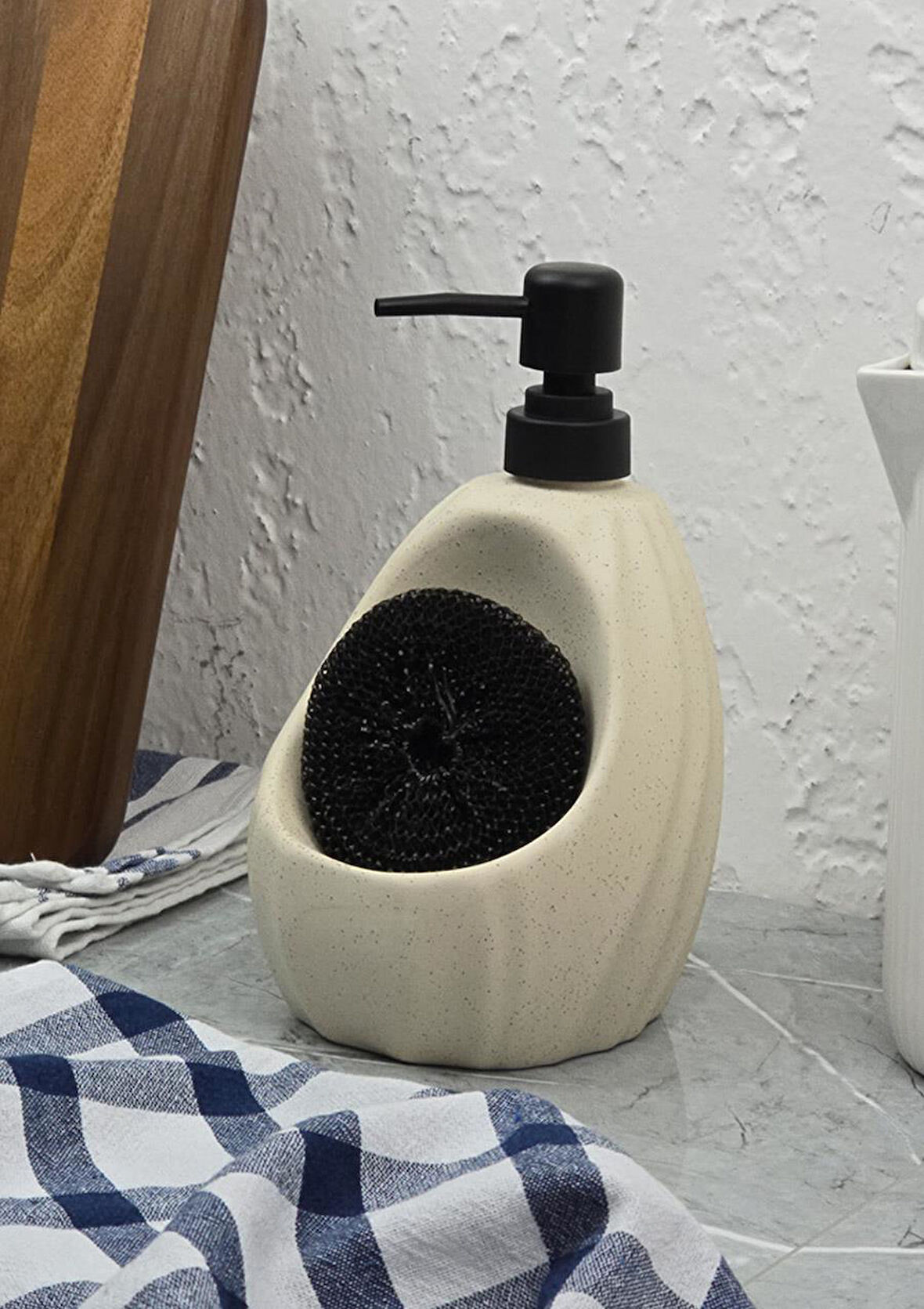 Taş Desenli Sıvı Sabunluk - Sünger Hazneli Mutfak Sabunluğu - 700 ML - Dalga Desen Krem