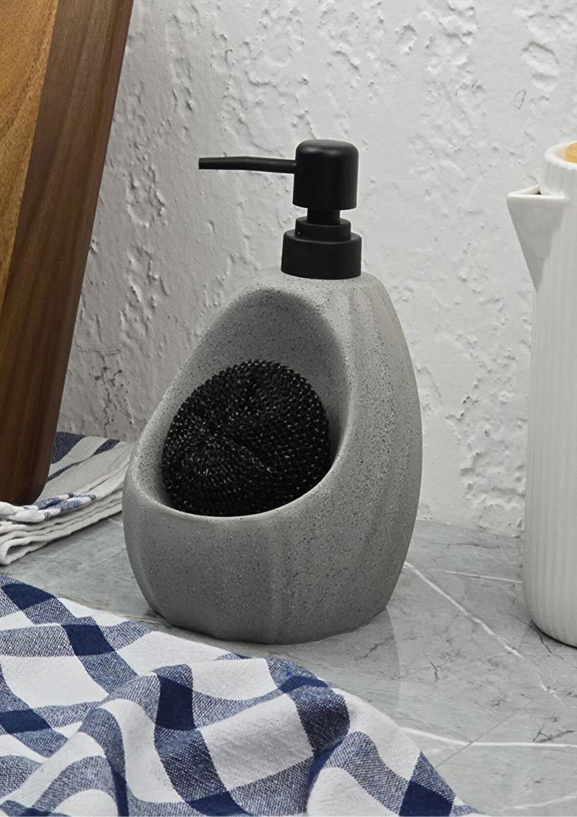 Taş Desenli Sıvı Sabunluk - Sünger Hazneli Mutfak Sabunluğu - 700 ML - Dalga Desen Gri