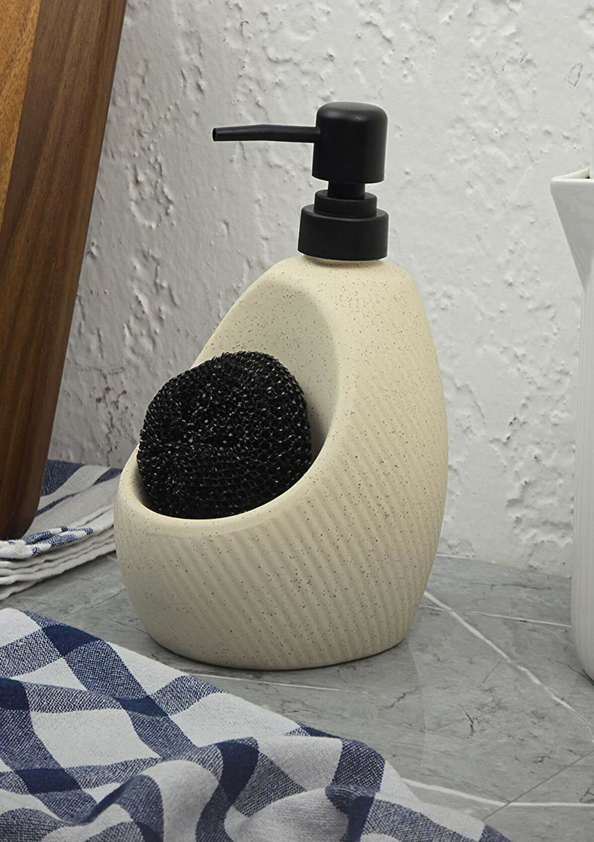 Taş Desenli Sıvı Sabunluk - Sünger Hazneli Mutfak Sabunluğu - 700 ML -  Çizgi Desen Krem