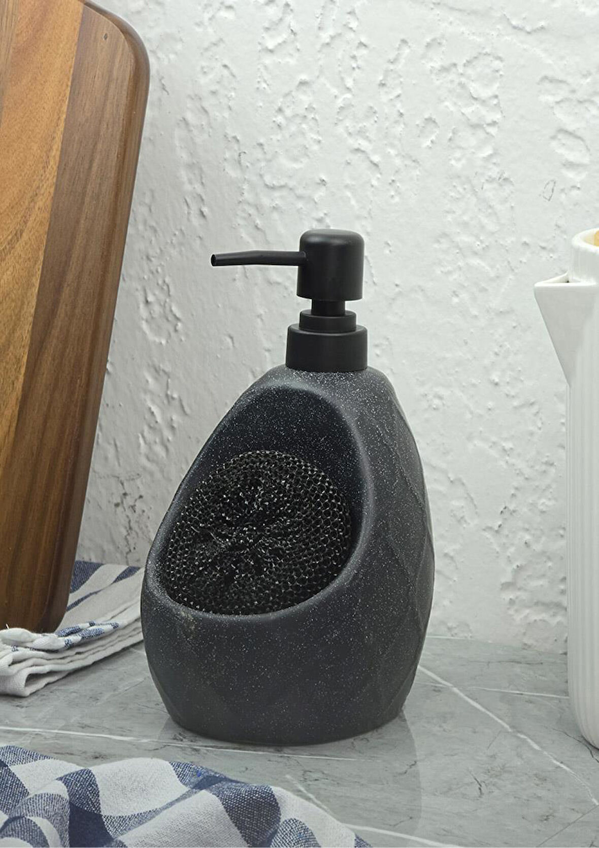 Taş Desenli Sıvı Sabunluk - Sünger Hazneli Mutfak Sabunluğu - 700 ML - Prizma Desen Siyah