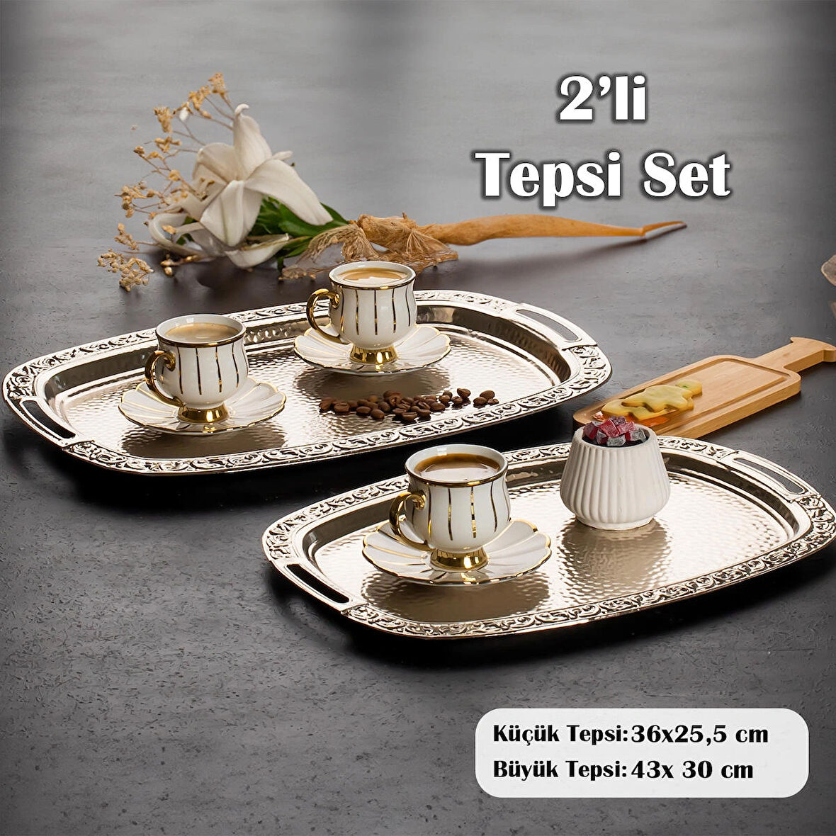 Porsima 3566 2 li Paslanmaz Gümüş Çelik Kahve Tepsisi Oval Gümüş Tepsi Dekoratif Servis Sunum Tepsisi