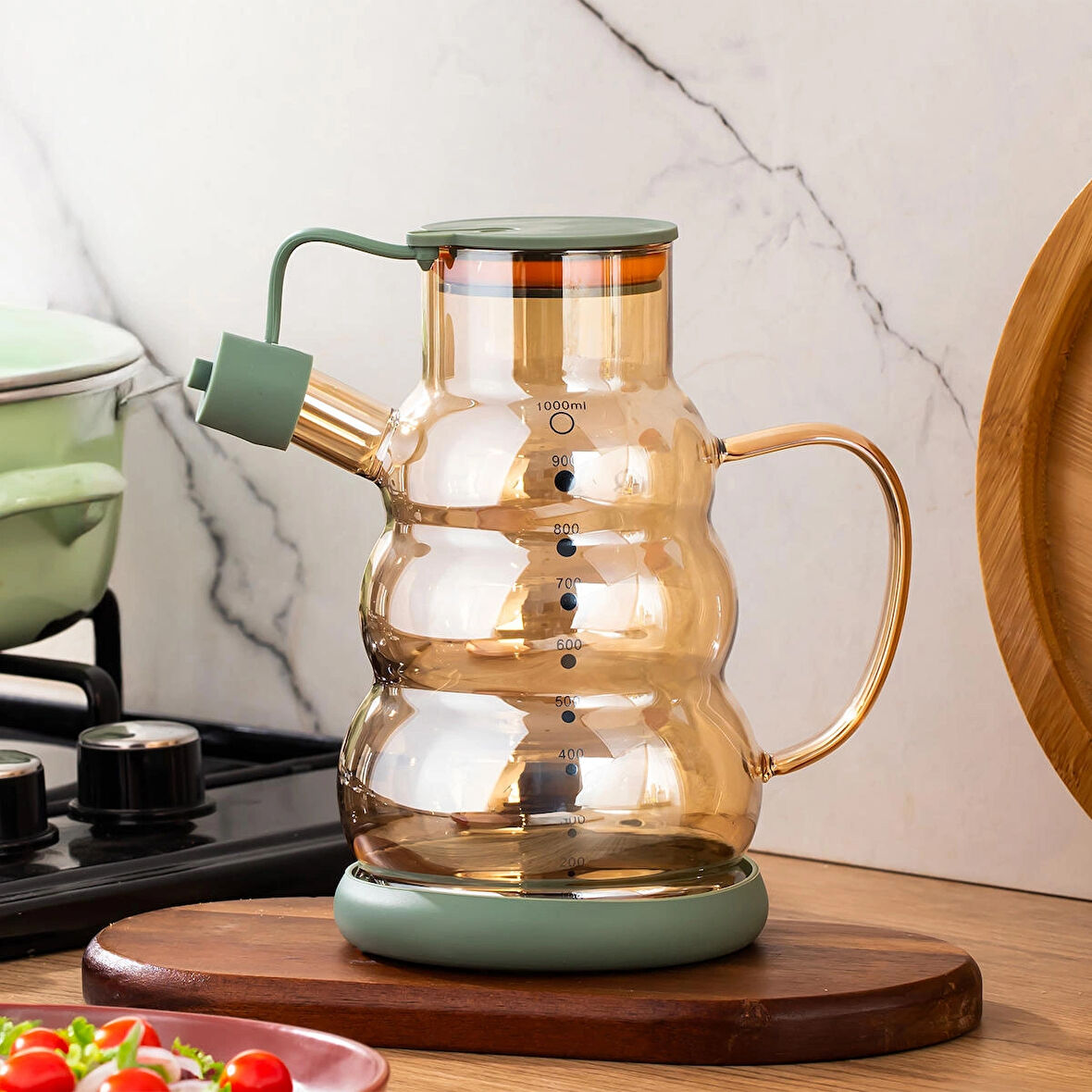 Porsima 3617 Kapaklı Borosilikat Cam Yağlık Sirkelik Yağdanlık 1000ml Yeşil