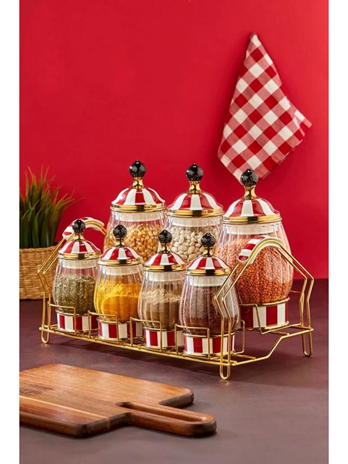 Cooker Kırmızı-Beyaz Kapaklı Porselen Baharat Seti 7'li