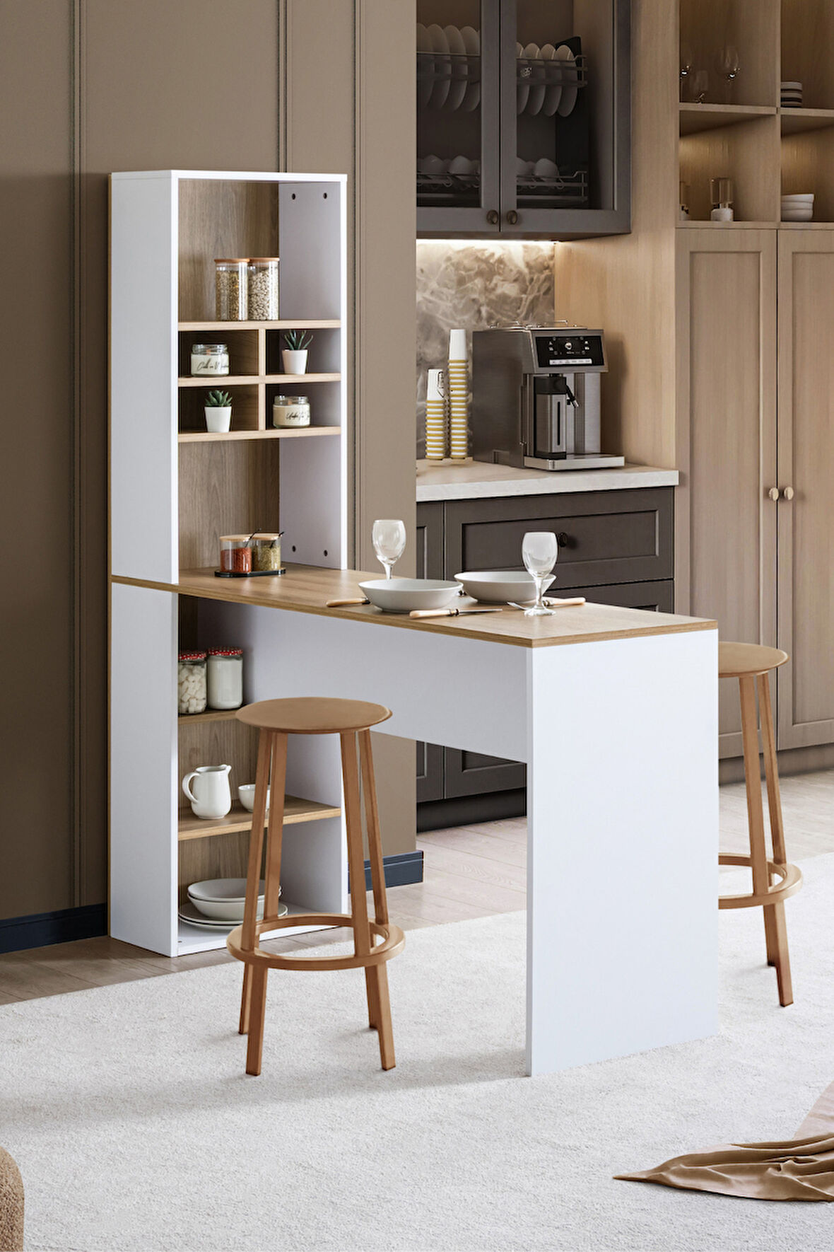 Blesk Nova Çok Amaçlı Raflı Bar Masası – Mutfak Adası ve Yemek Masası Olarak Kullanılabilir