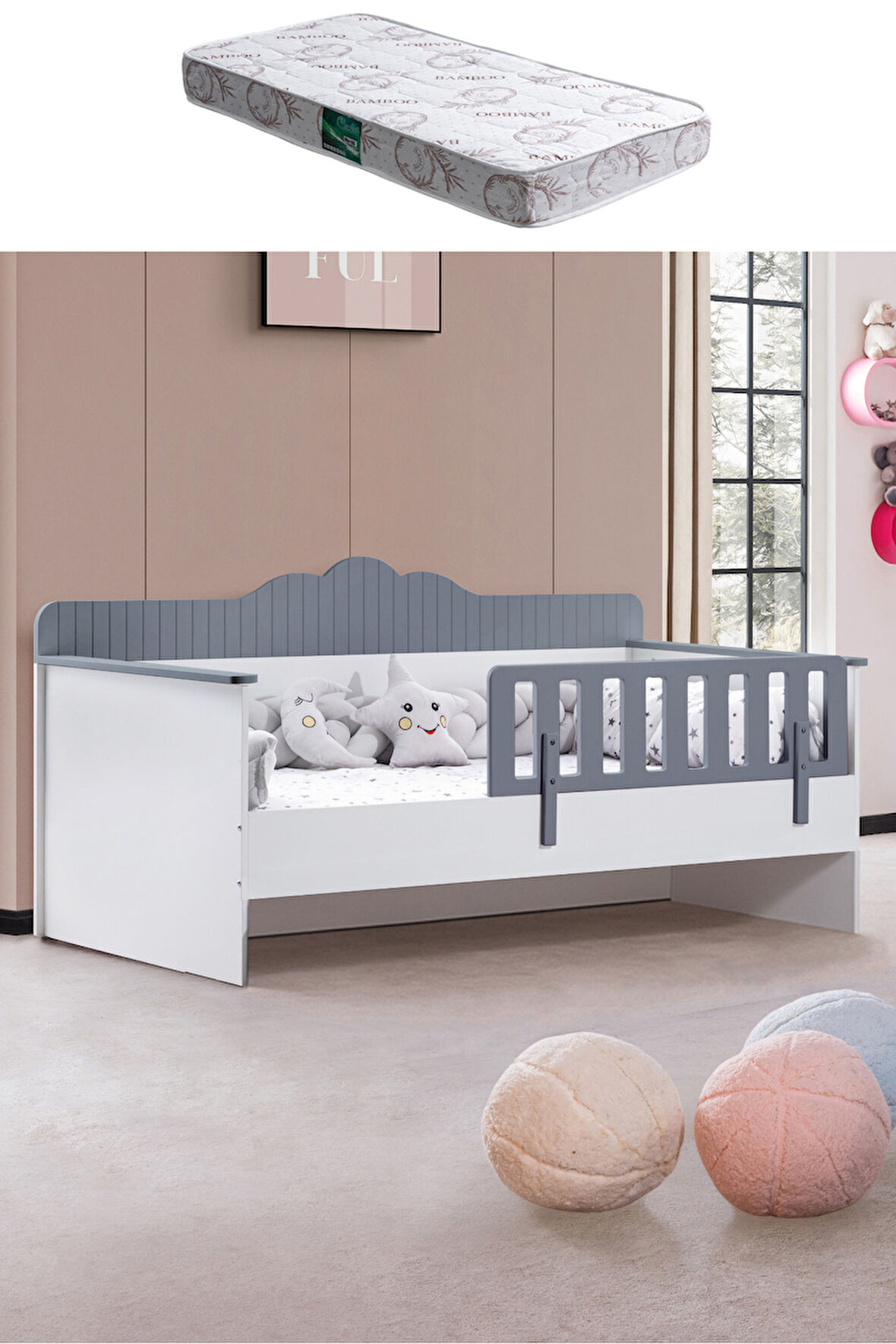 Karyola, Flower Montessori Karyola - Antrasit + 1 Adet Comfort Yatak