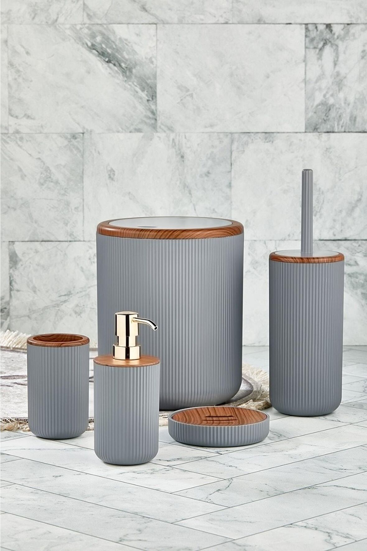 5 Parça Woody Banyo Seti Gri