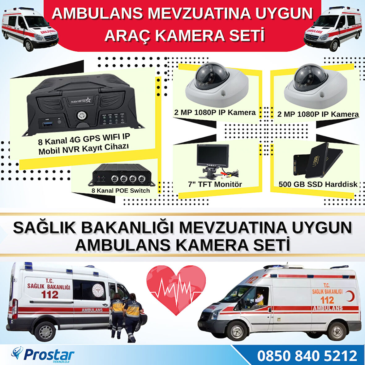 Ambulans Mevzuatına Uygun 2 Kameralı 8 Kanal Mobil NVR 500 GB 7 inç Monitörlü Tak Kullan Set