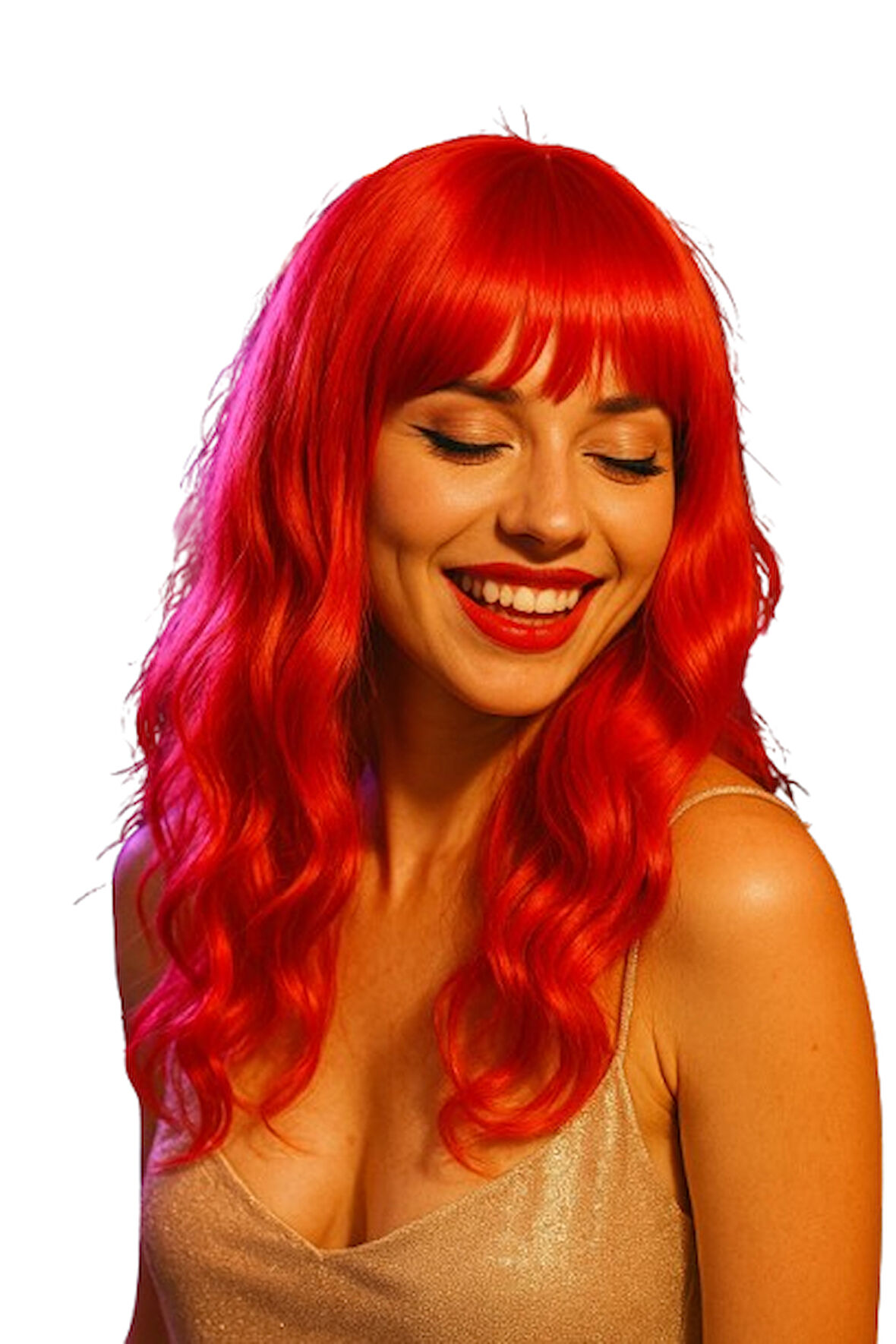 Peruk Uzun Saç Kahküllü 50 Cm Kırmızı Renkli Parti Kostümü