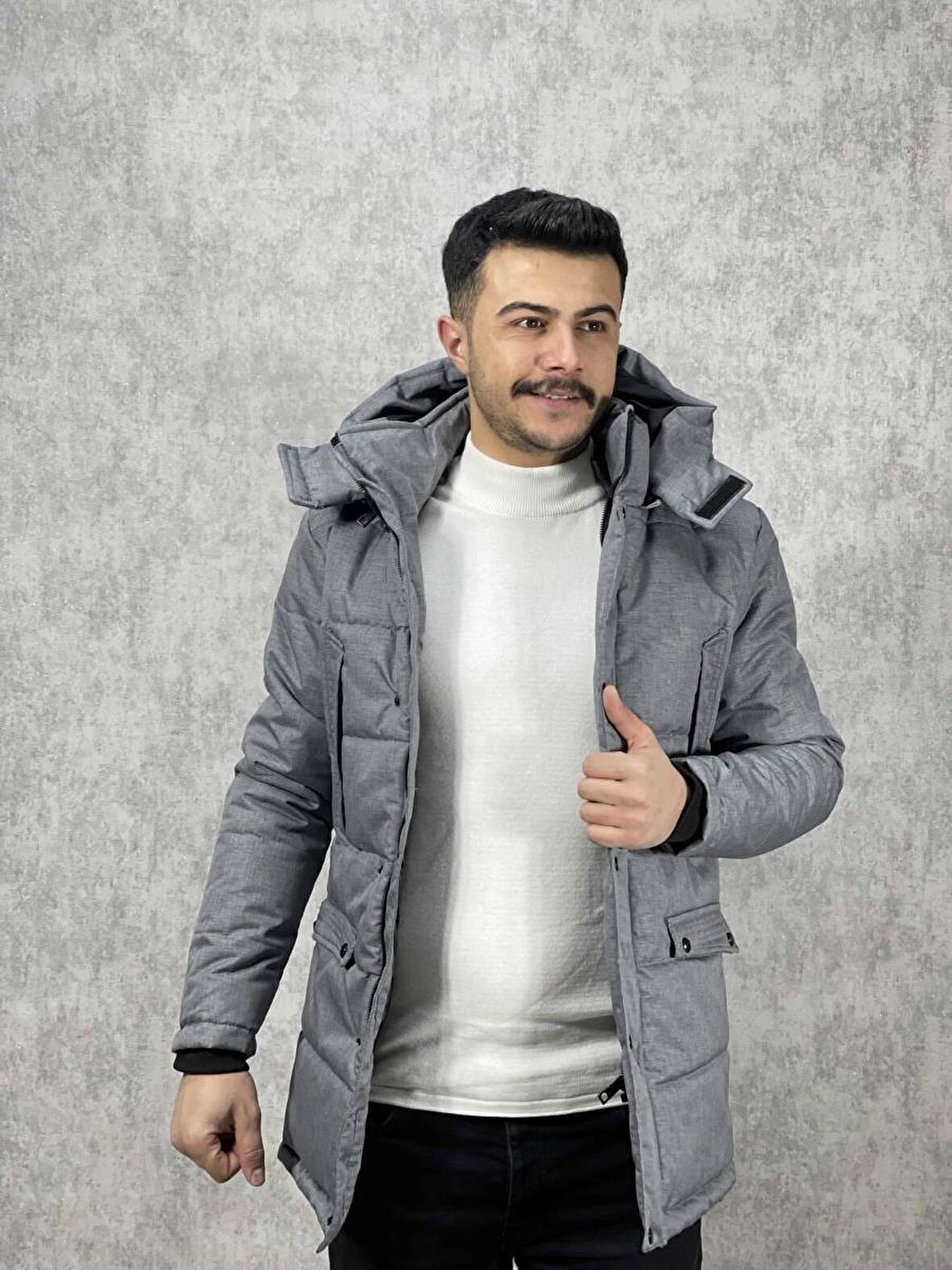 Erkek Kapüşonlu 5Cepli Dolumlu SlimFit Uzun Kaban İmaj Jeans 939