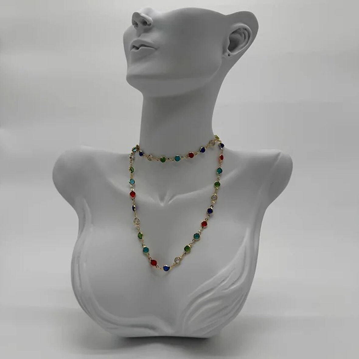 Çelik Gold Yuvarlak Renli Taş Kolye  - Gold