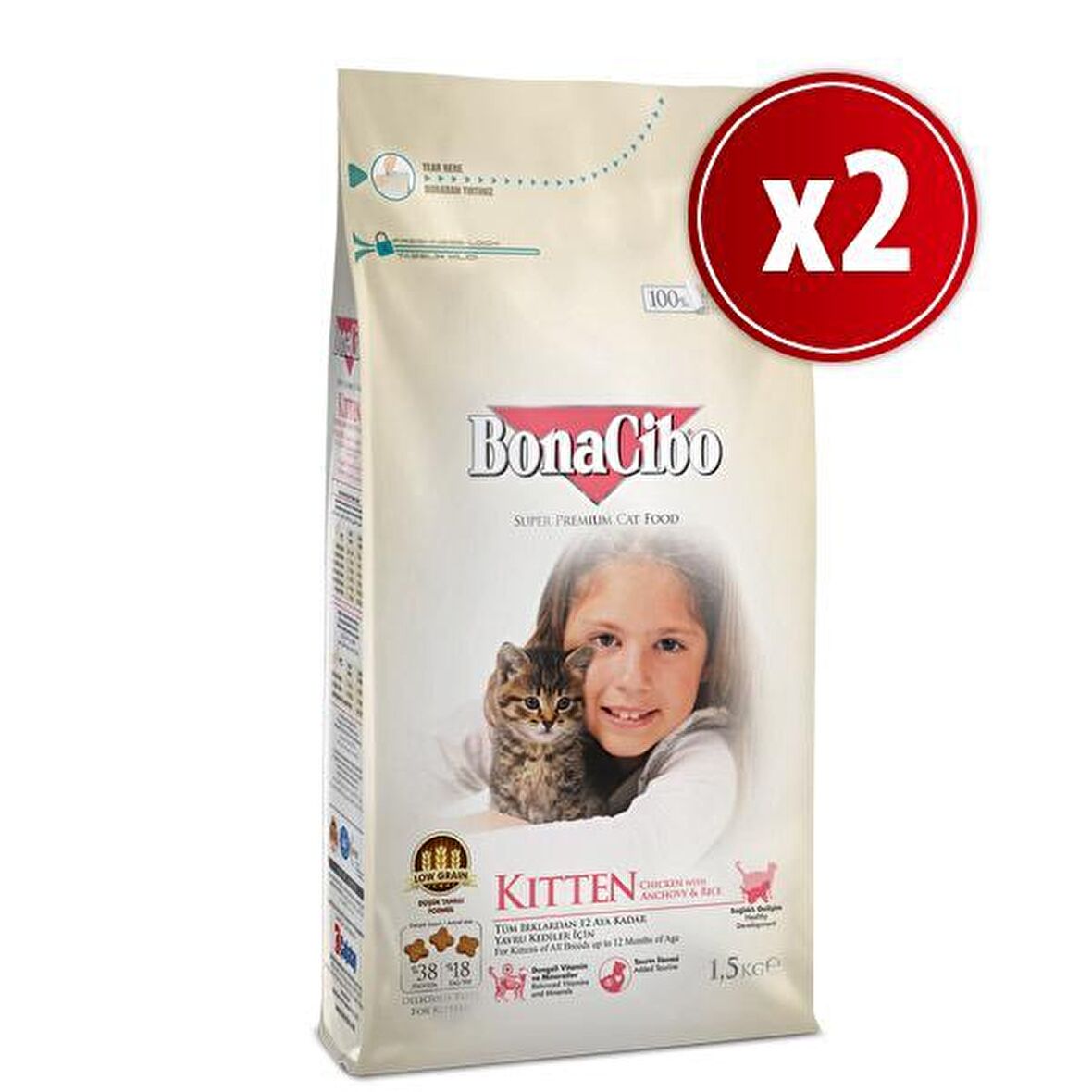 BonaCibo Kitten Tavuklu (Hamsi ve Pirinç eşliğinde) Yavru Kedi Maması 1.5 Kg x 2 Paket (Toplam 3 Kg)