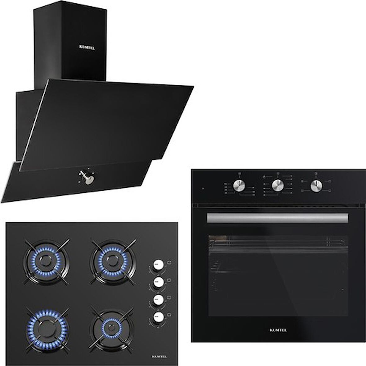 Kumtel Kristal Siyah Cam Turbo Ankastre Set (DA6-830 Siyah Davlumbaz + KO-40TAHDF Ankastre Siyah Ocak + B66 - SF2 (MT) 4 Pro 3 Düğme (Plus)