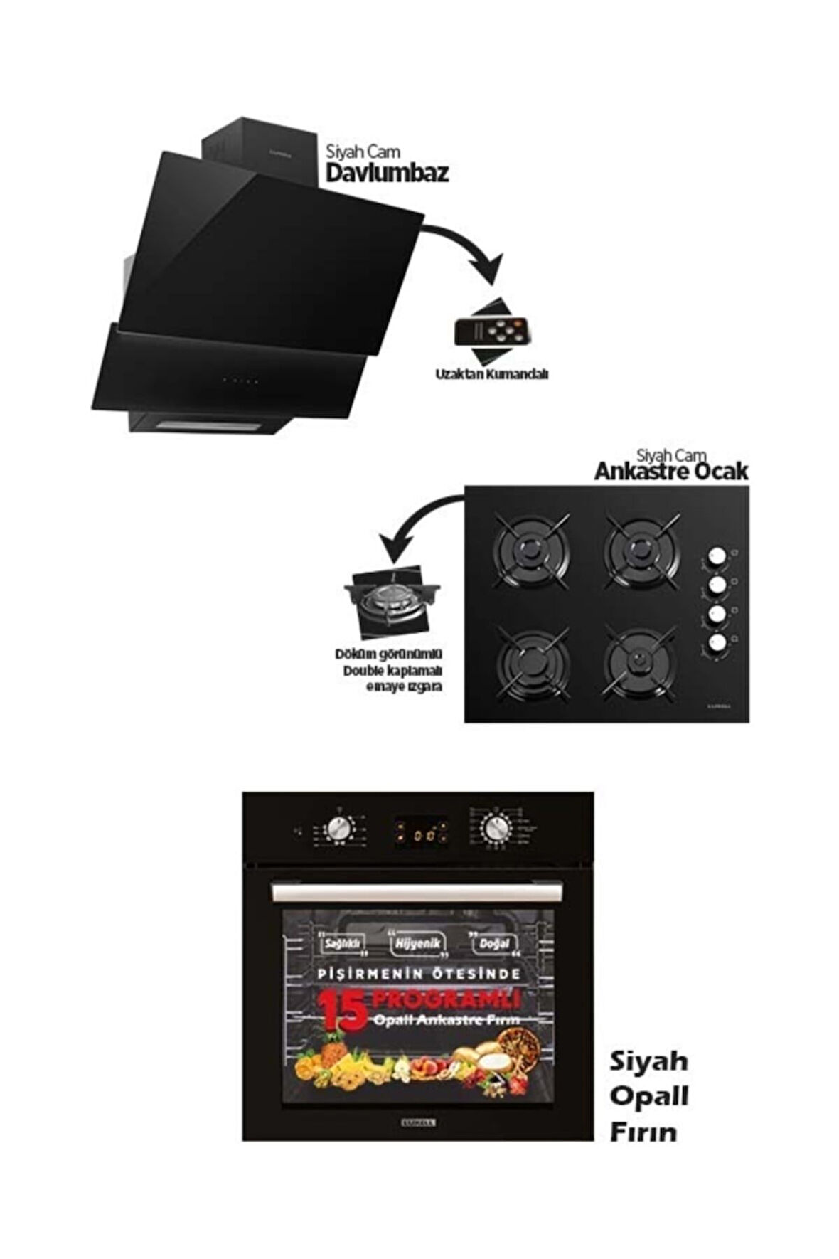 Luxell Opall Siyah Cam Ankastre Set 