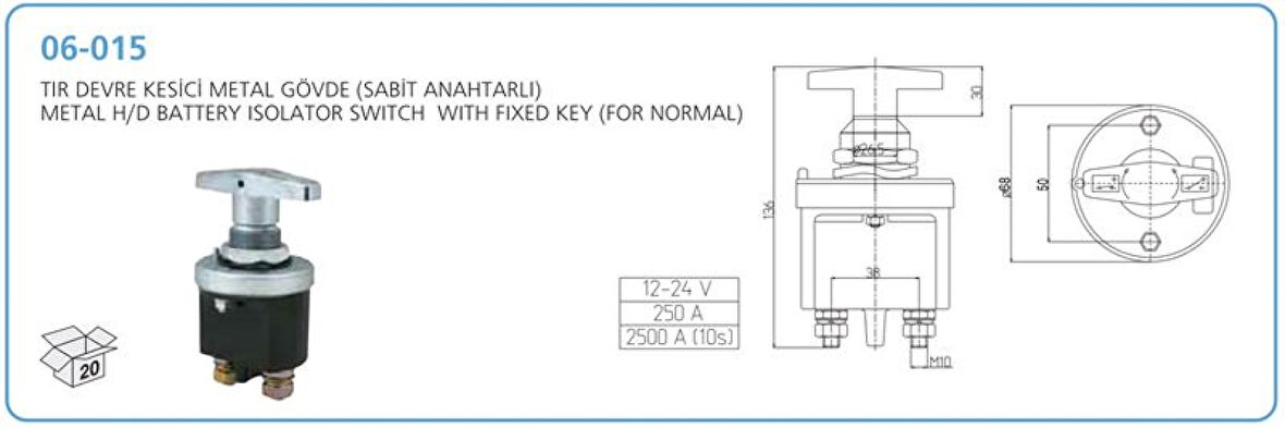 Unıversal Truck Devre Kesici Metal Govde Sabıt Anahtarlı Cevirmeli Tip Tir - Aksa 06-015