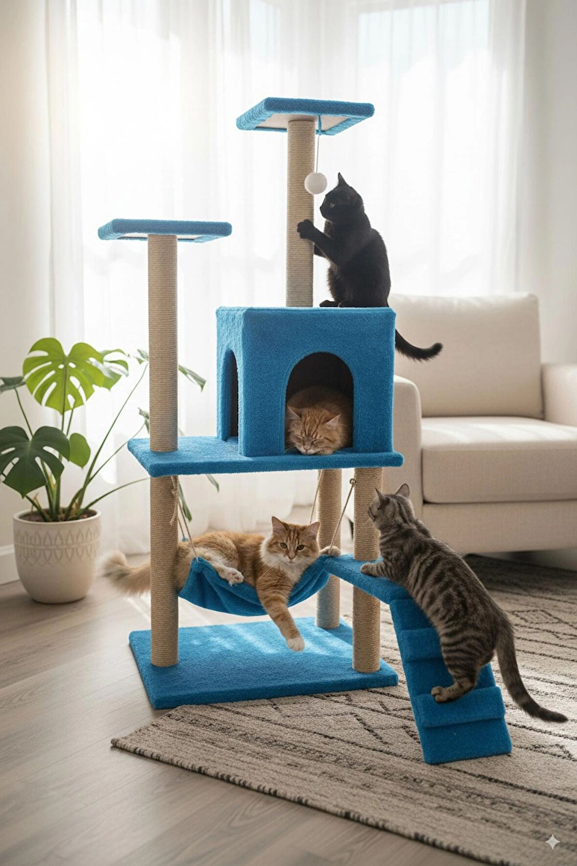 Catoys Hamaklı Yuvalı Lüx Kedi Tırmalama Evi Mavi