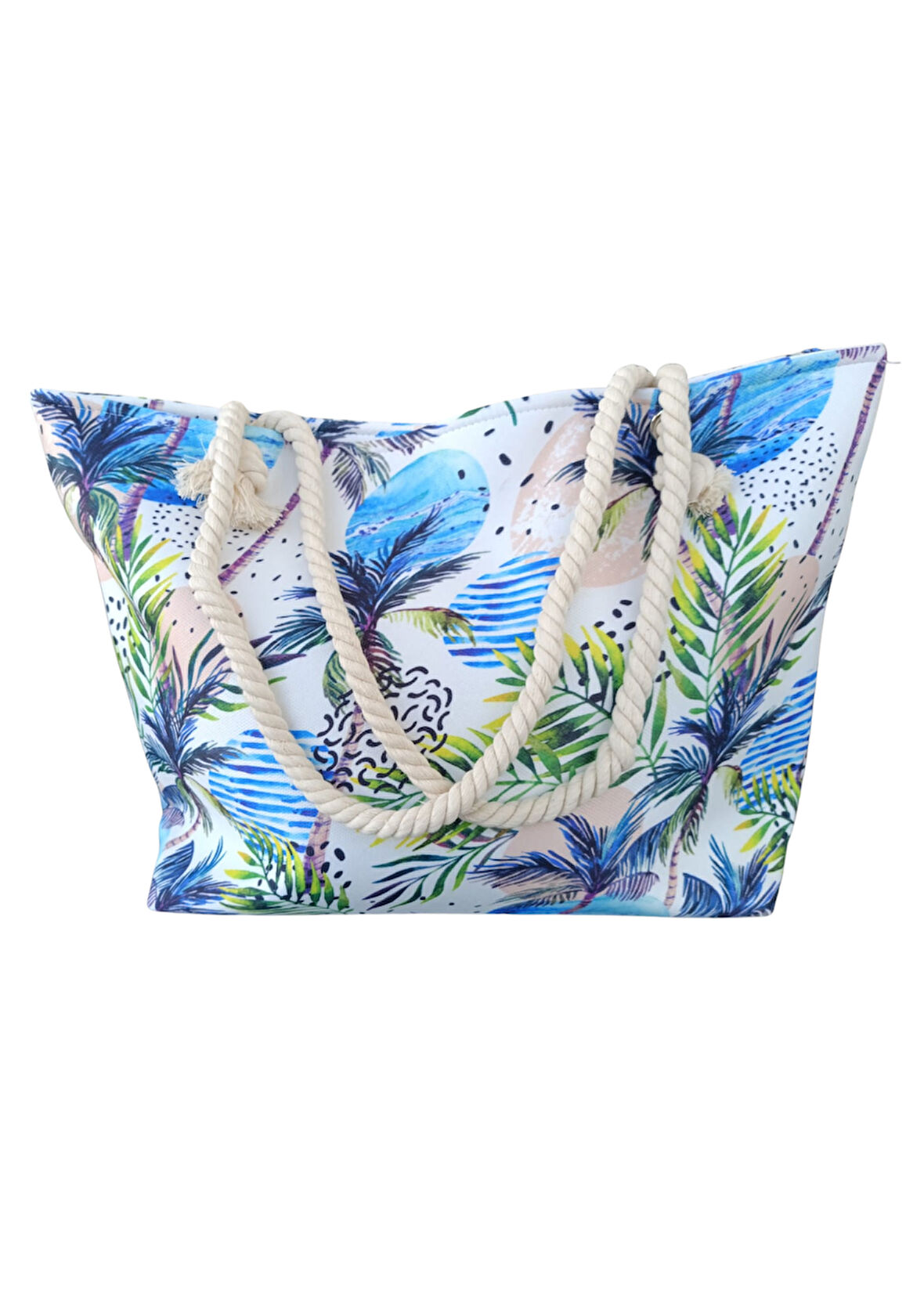 Kadın Plaj Çantası Fermuarlı İçi Astarlı Cepli Plaj Resim Çizim Desenli Yumuşak Halat Saplı