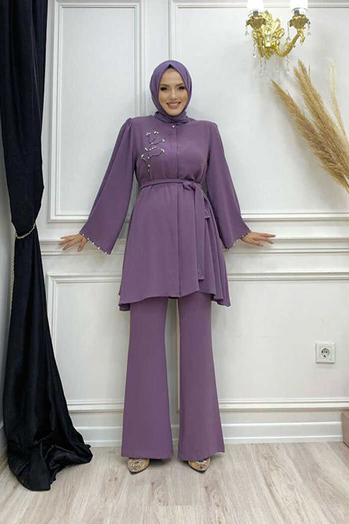Taş İşleme Detaylı Kuşaklı Tunik ve Pantolonlu Takım 8432 Lila
