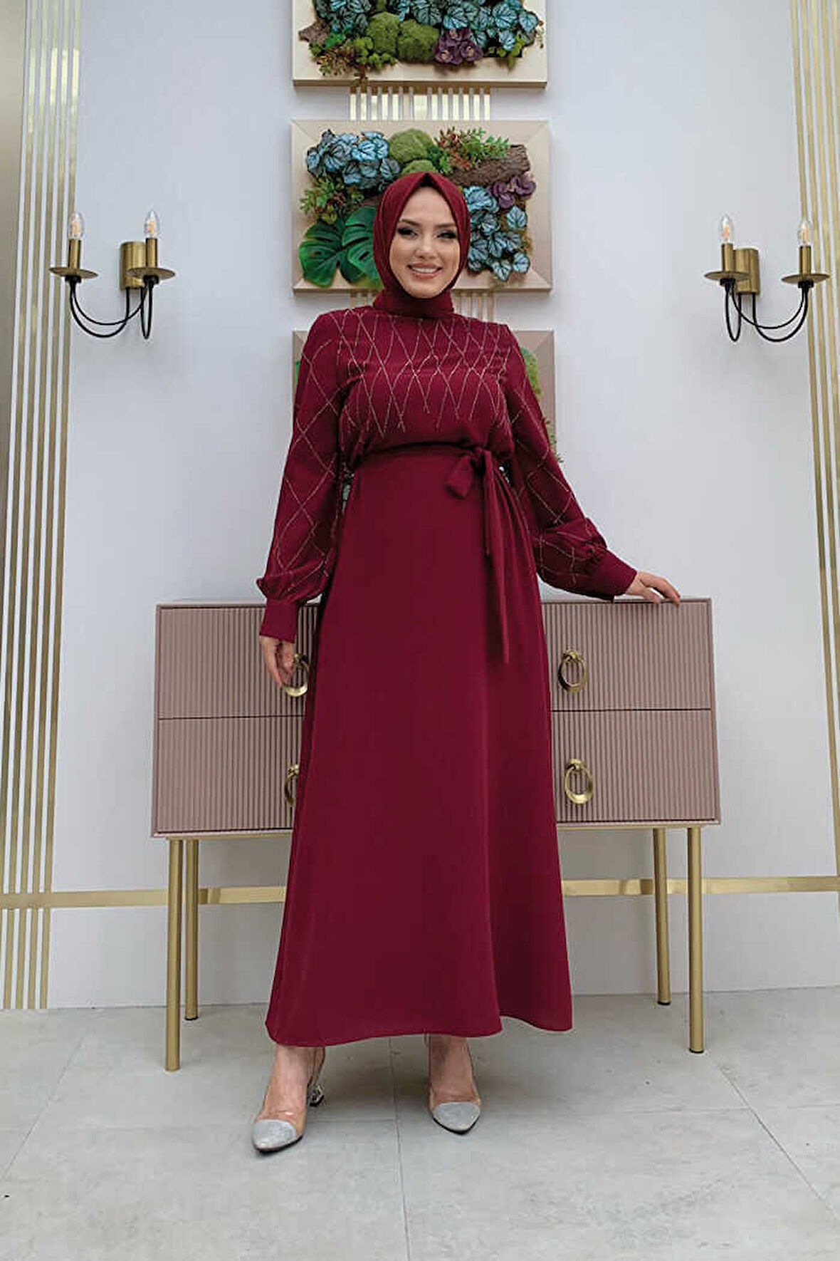 Taş İşlemeli Kuşaklı Elbise 3830 Bordo