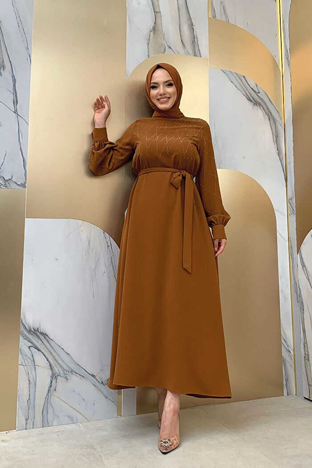 Taş İşlemeli Kuşaklı Elbise 3830 Taba