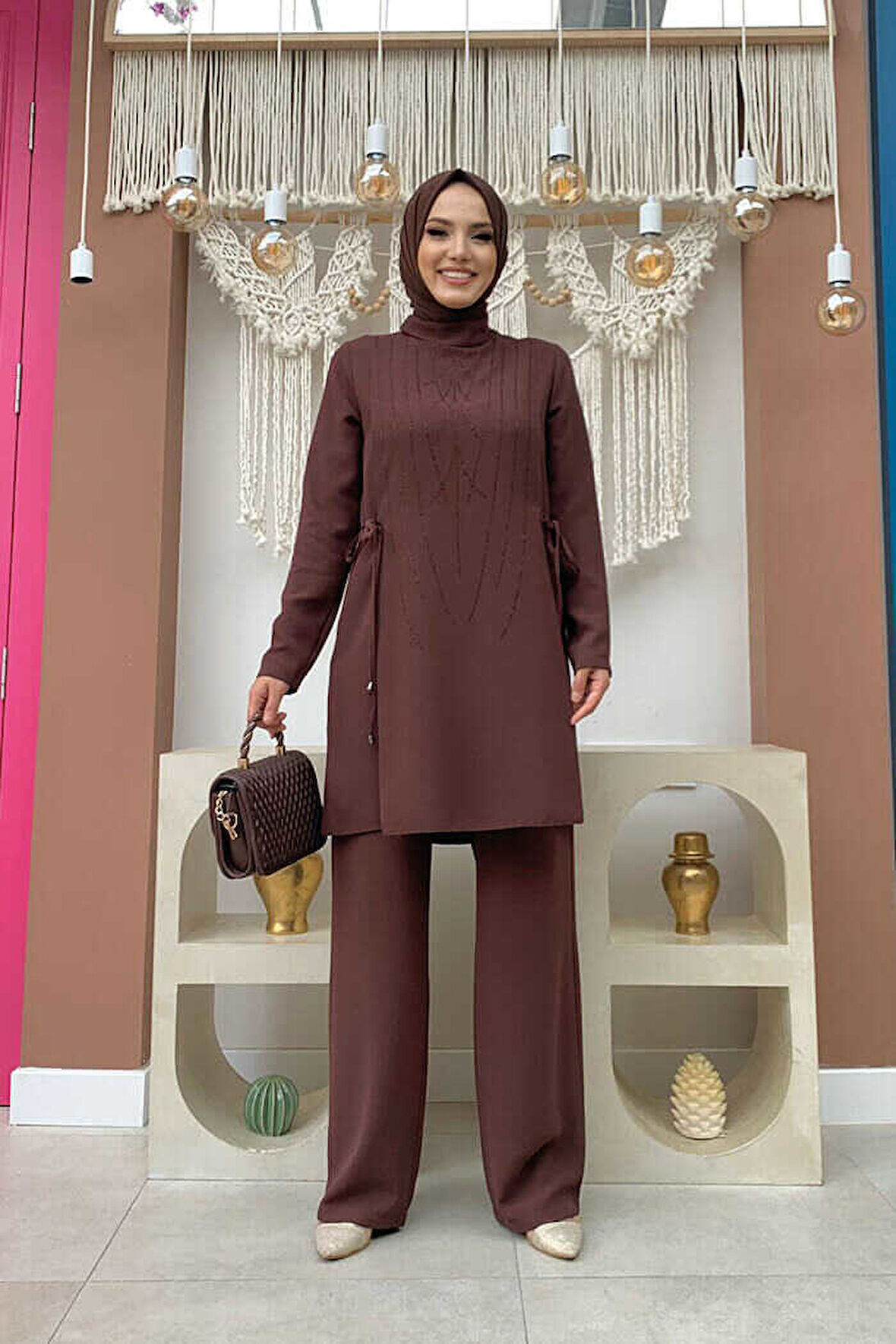 Taş Baskı Desenli Tunik Pantolon Takım 8447 Kahverengi