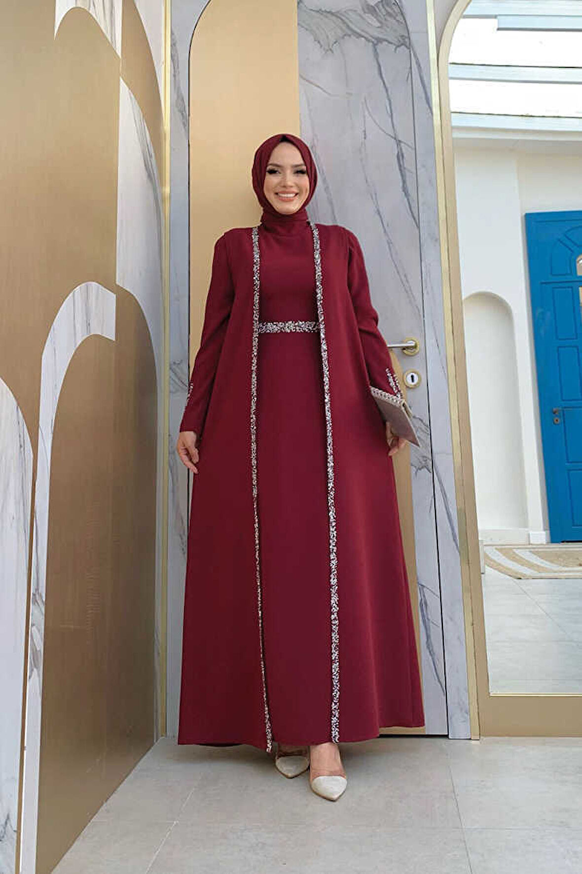 Taş İşleme Detaylı Yelekli Elbise Takım 3838 Bordo