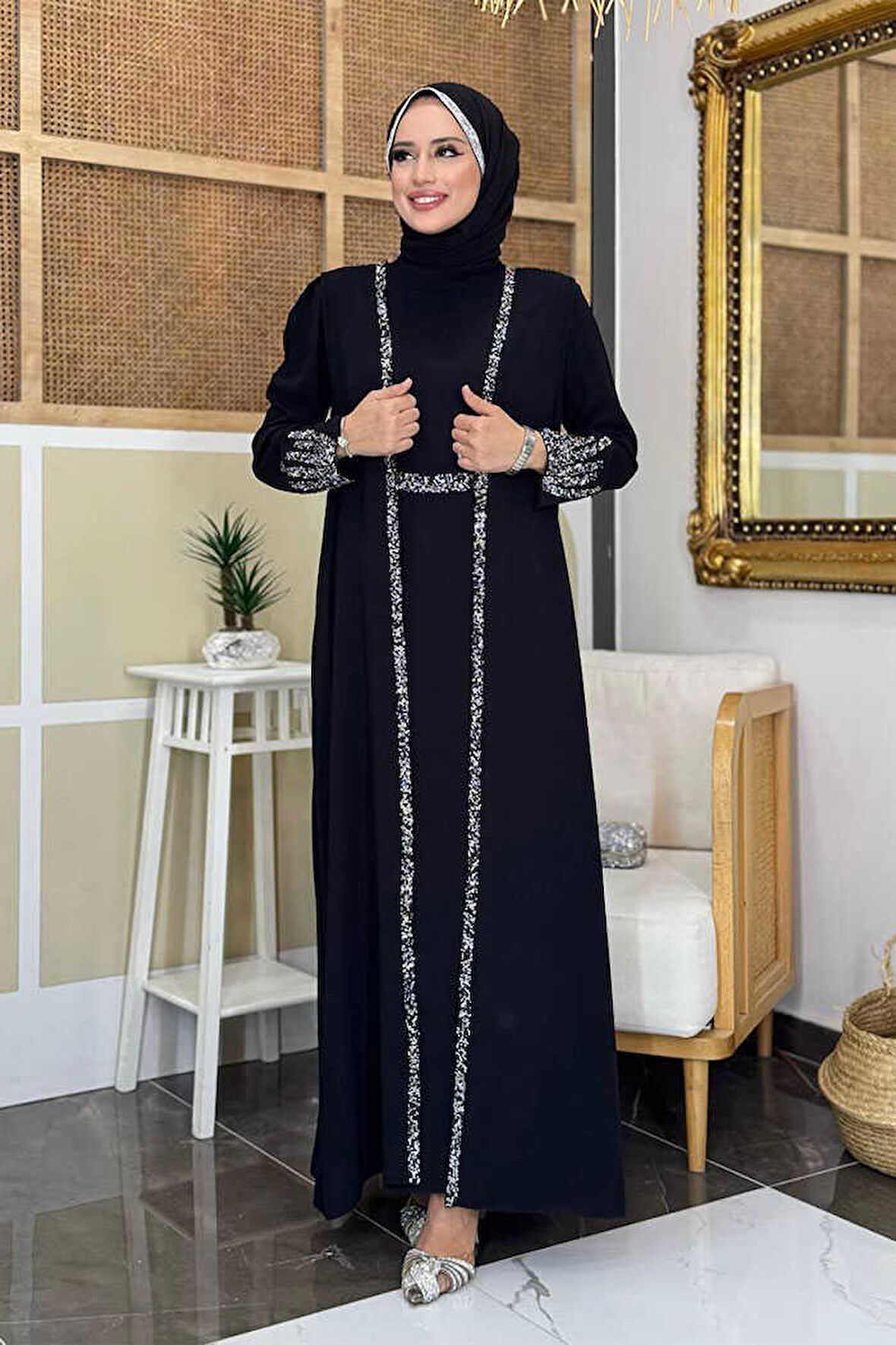Taş İşleme Detaylı Yelekli Elbise Takım 3838 Siyah