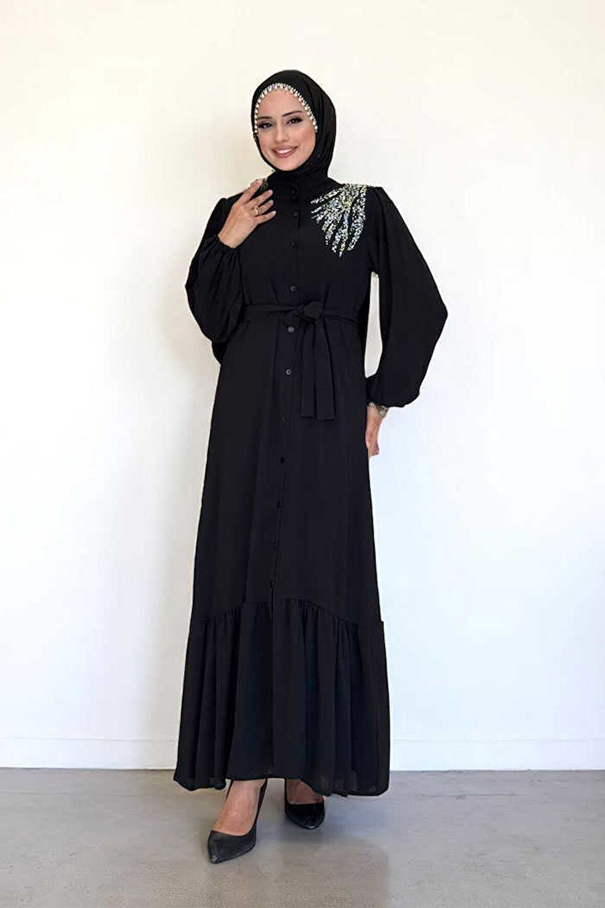 Boydan Düğmeli Omuz Taş İşleme Detaylı Ferace Elbise 3840 Siyah