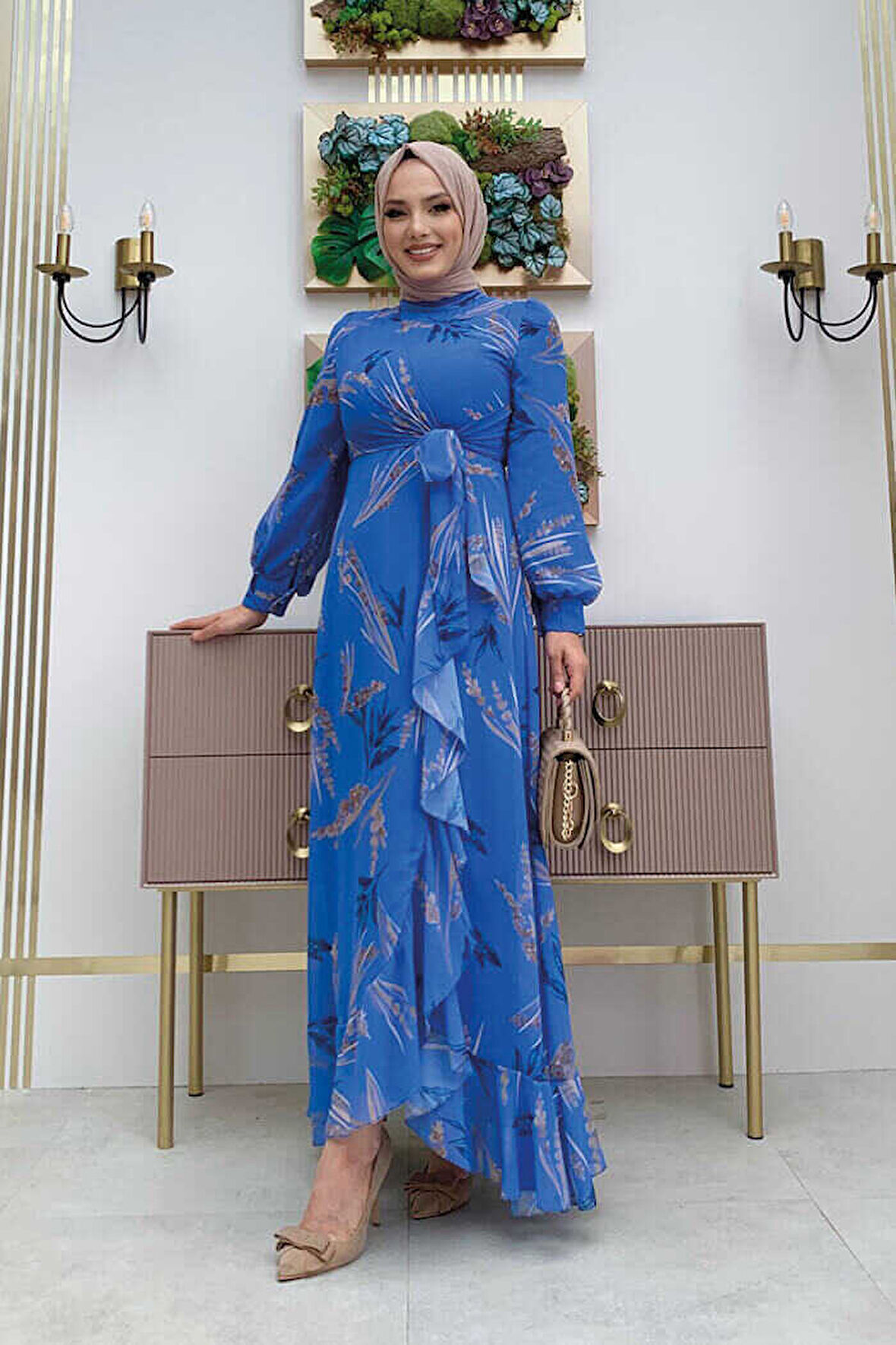 Yaprak Desen Fırfır Detay Şifon Elbise 3842 Mavi