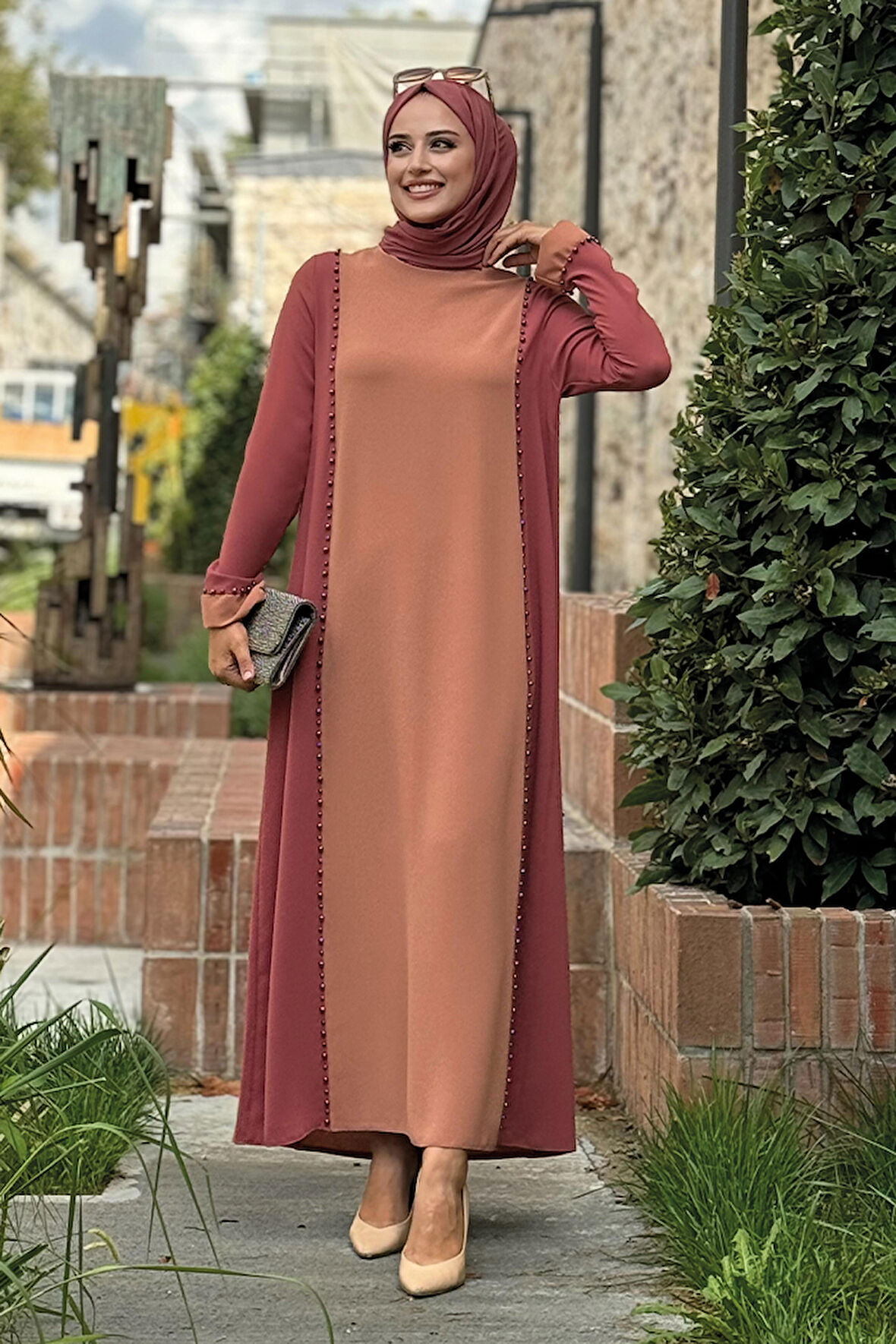 İki Renkli Taş Baskılı Elbise 3848 Gül Kurusu