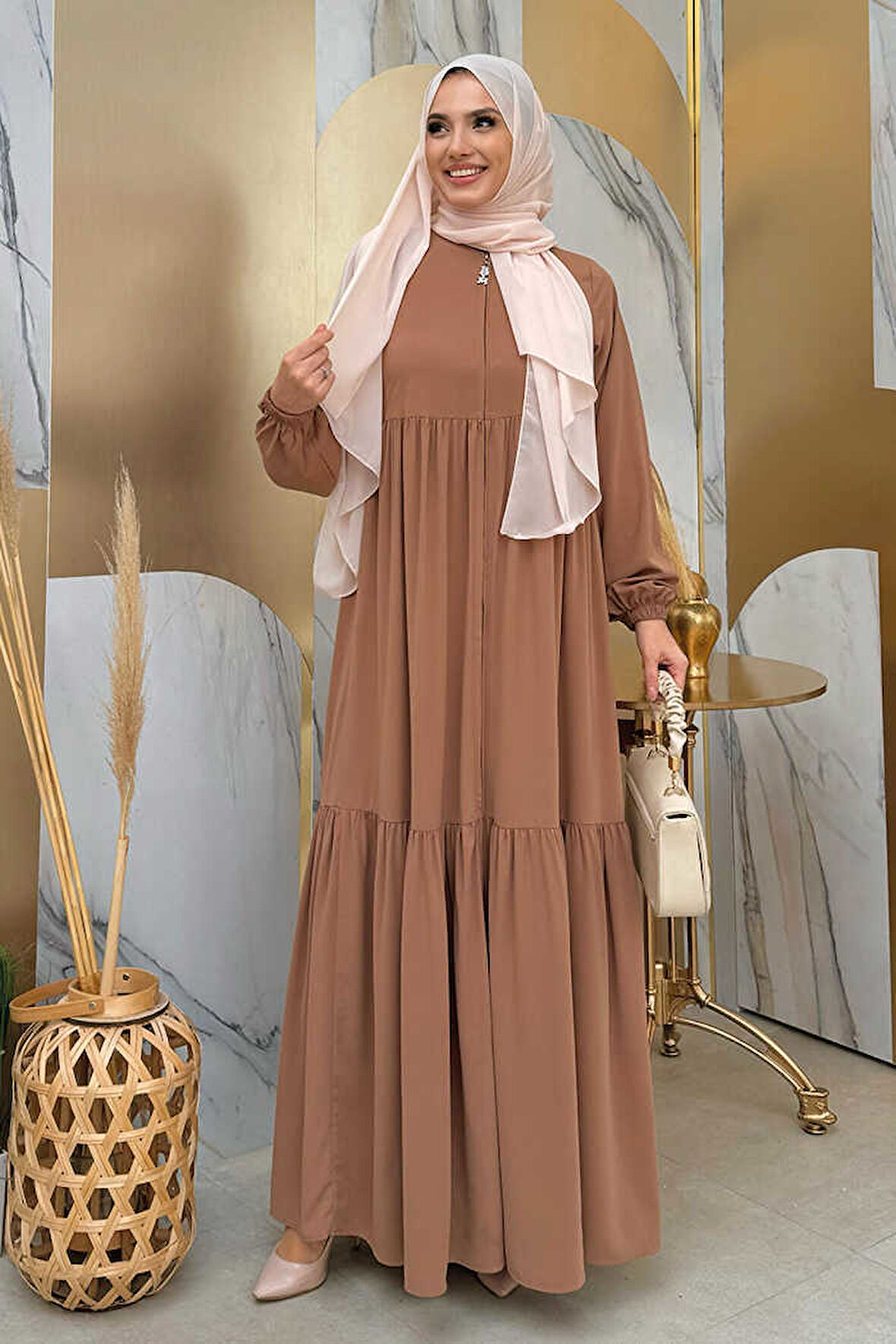 Fermuarlı Kol Manşetleri Lastikli Fırfırlı Elbise 6001 Vizon