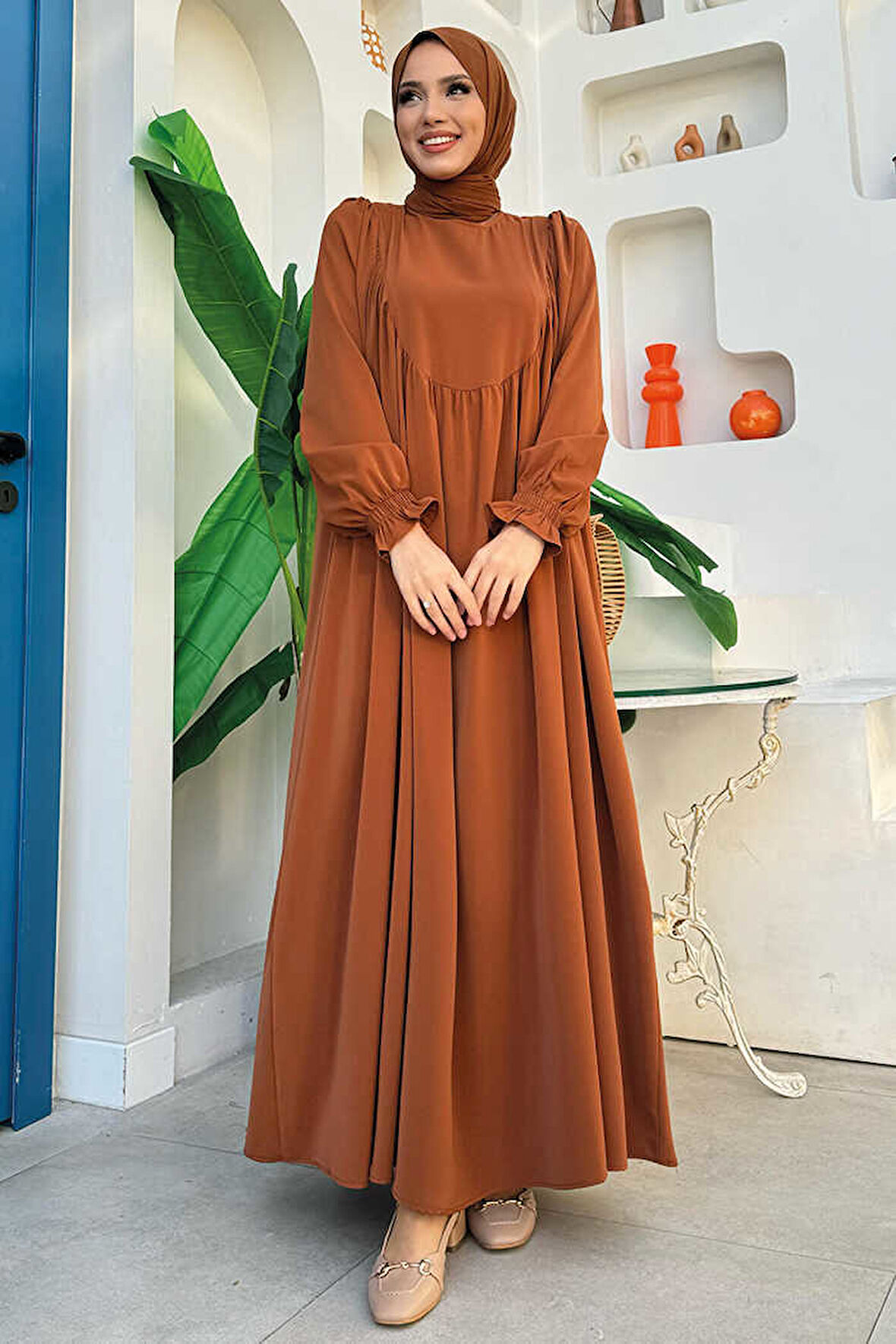 Kol Manşetleri Büzgülü Elbise 6004 Taba