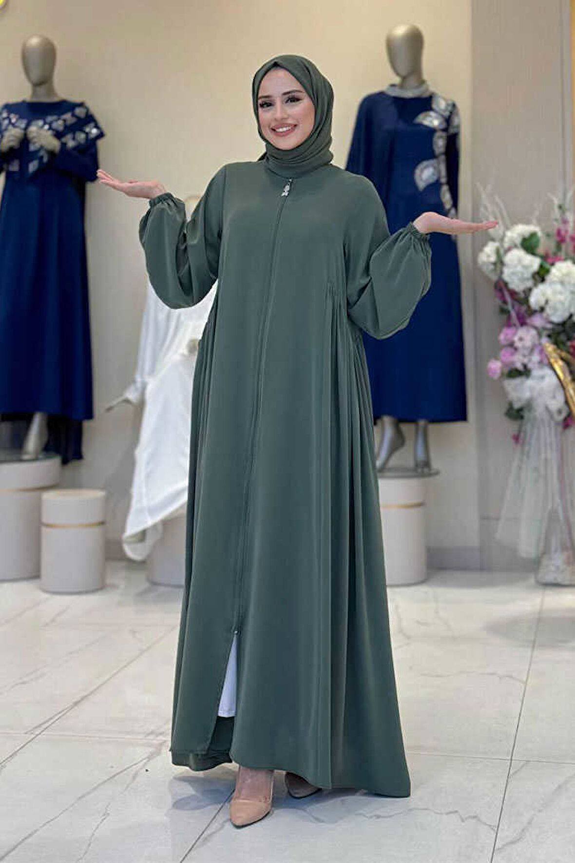 Oval Büzgülü Kol Manşetleri Lastikli Fermuarlı Tam Boy Ferace 6005 Haki