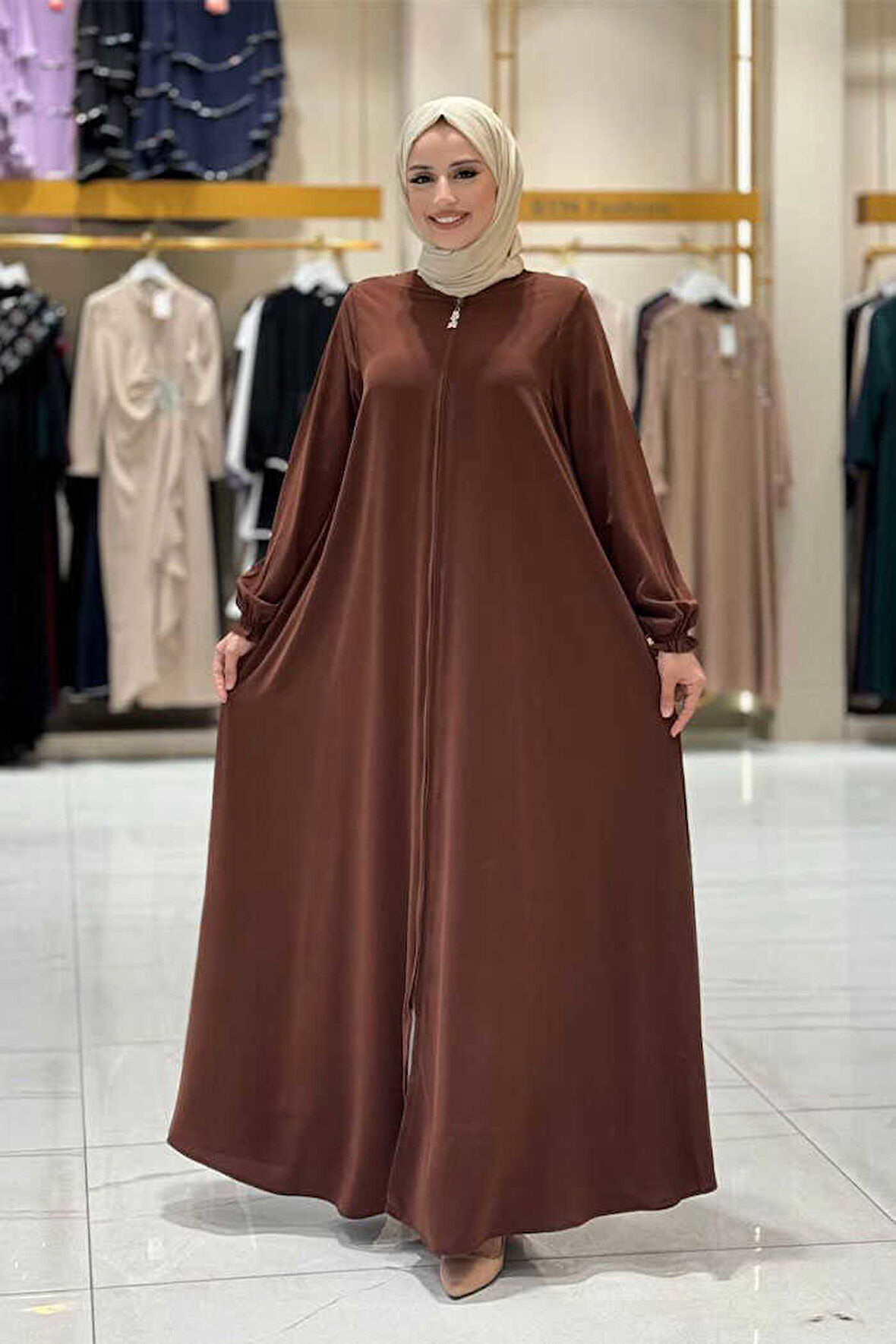 Fermuarlı Kol Manşetleri Büzgülü Mevlana Ferace 6007 Kahverengi