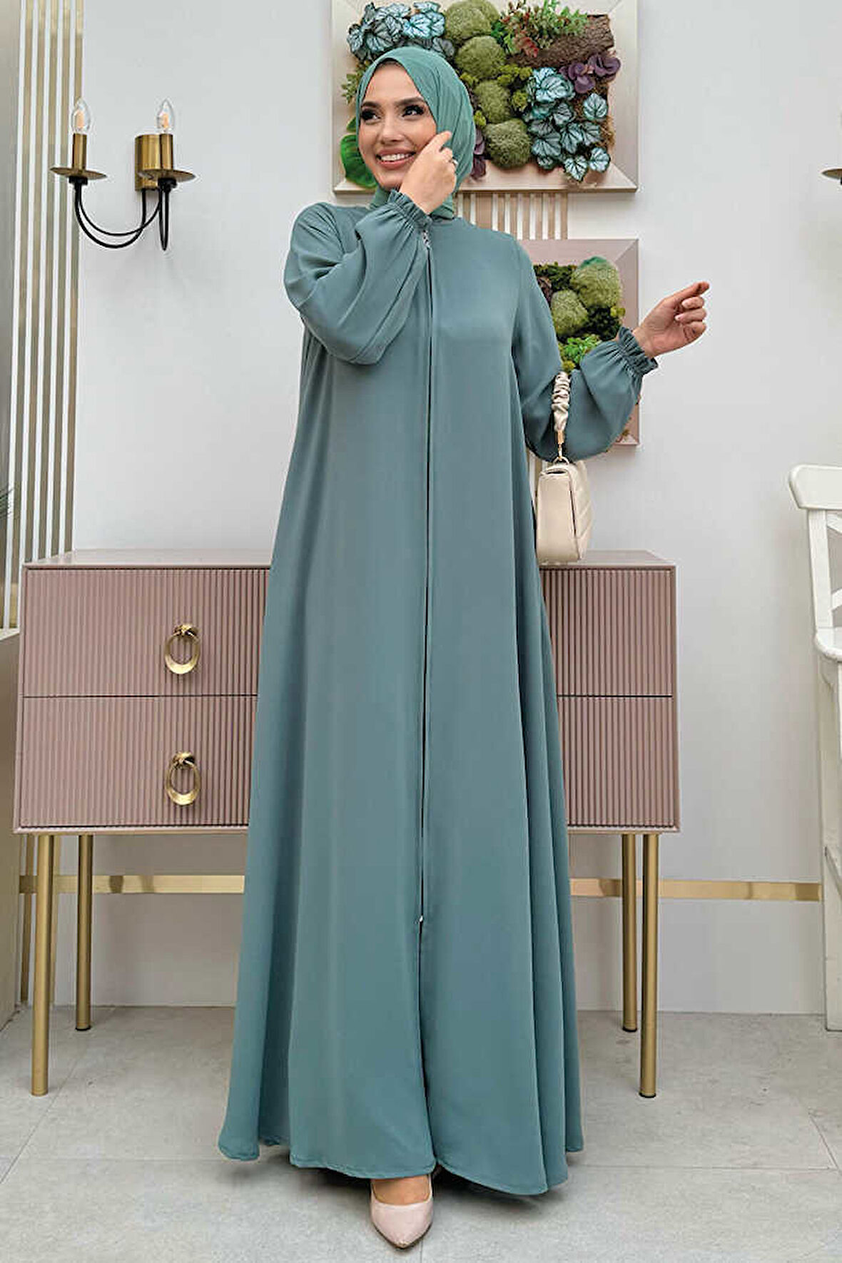 Fermuarlı Kol Manşetleri Büzgülü Mevlana Ferace 6007 Mint