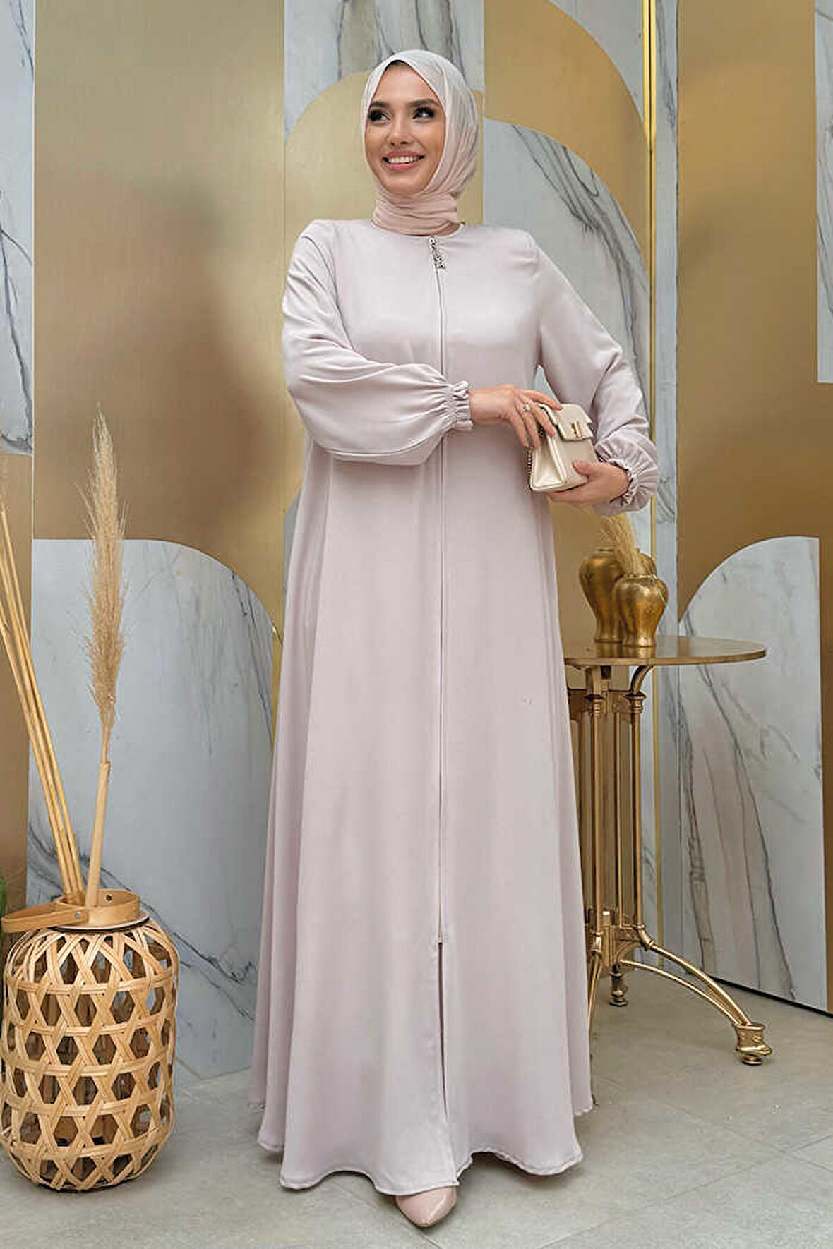 Fermuarlı Kol Manşetleri Büzgülü Mevlana Ferace 6007 Taş