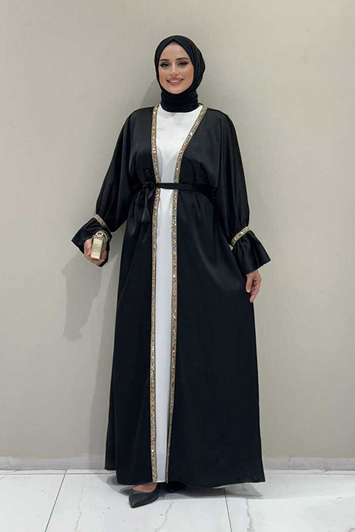 Taş İşleme Detaylı Kuşaklı Elbiseli Abaya Takım 3860 Siyah