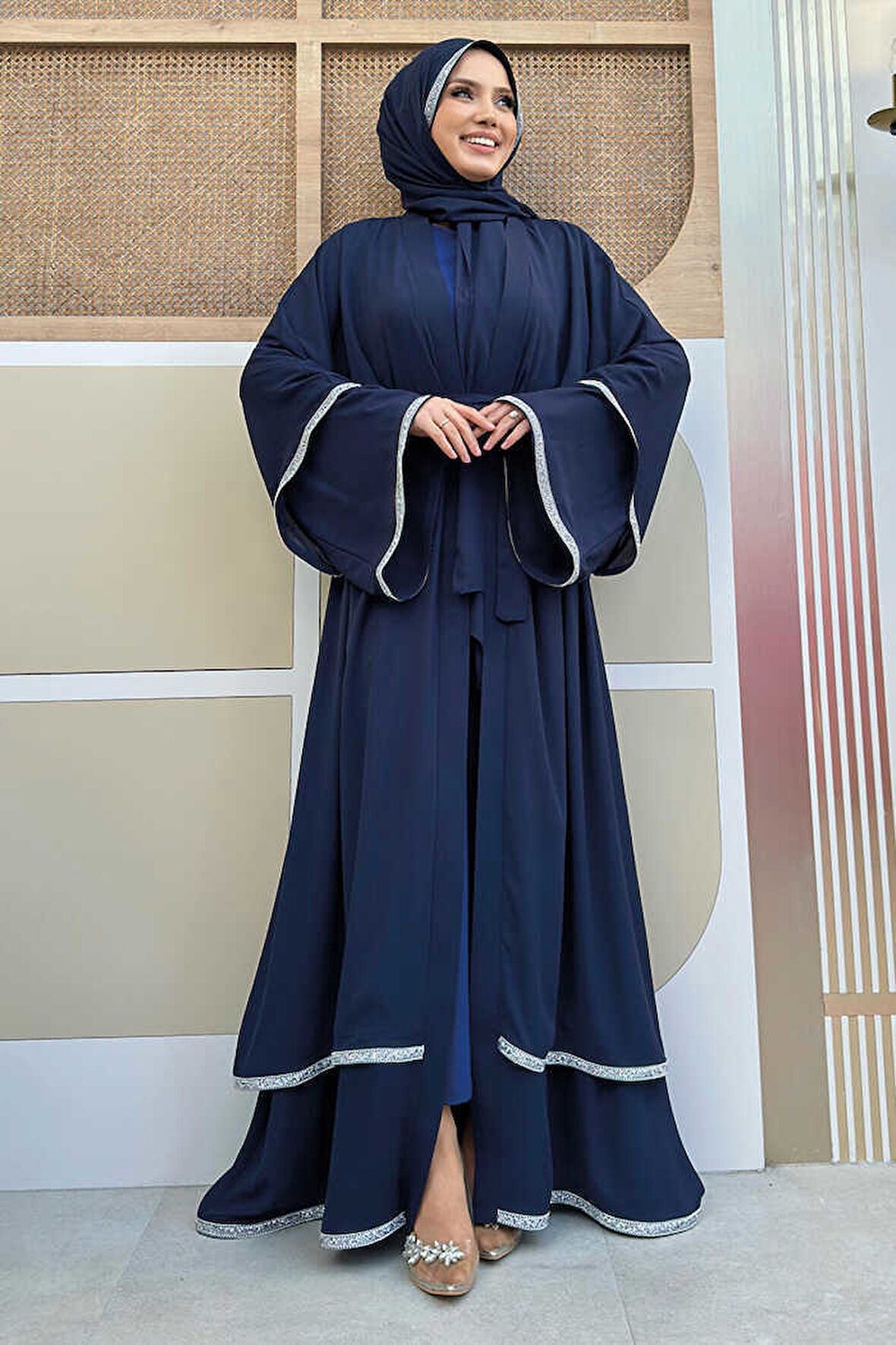 Taş İşlemeli Kat Detay Şallı Abaya 7883 Lacivert