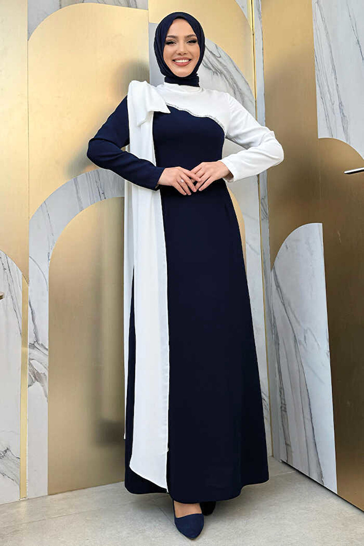 Tek Omuz Fiyonk Apoletli Çift Renk Elbise 3862 Lacivert