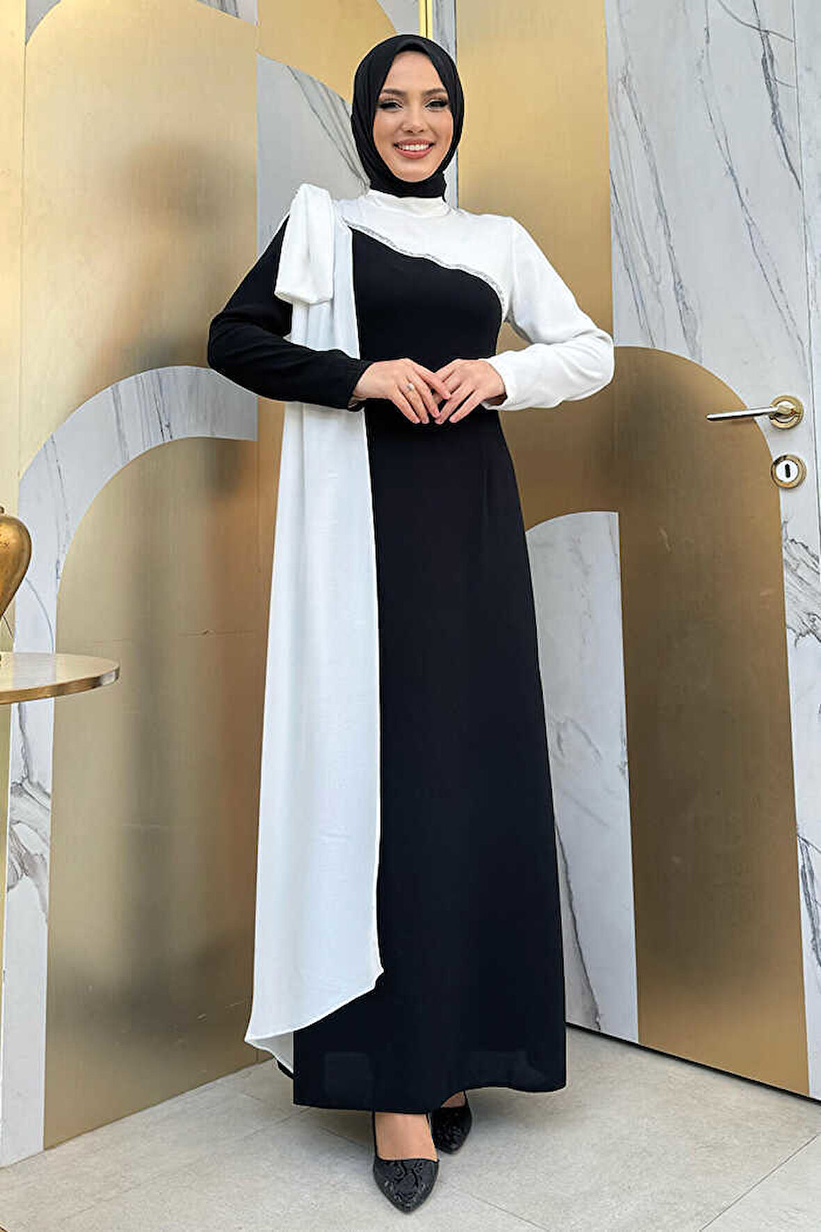 Tek Omuz Fiyonk Apoletli Çift Renk Elbise 3862 Siyah