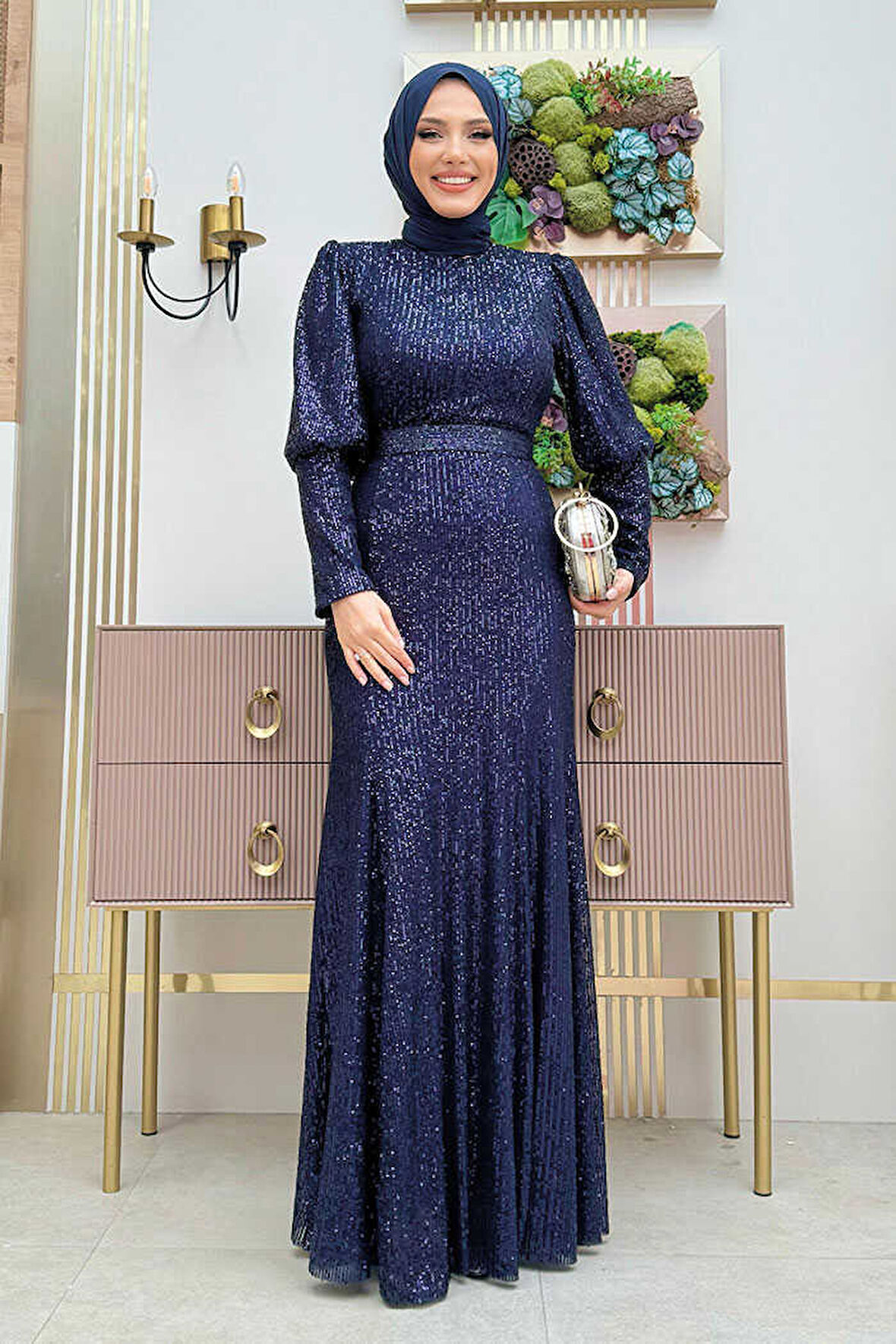 Kemer Aksesuarlı Pul Payet Balık Abiye Elbise 3858 Lacivert