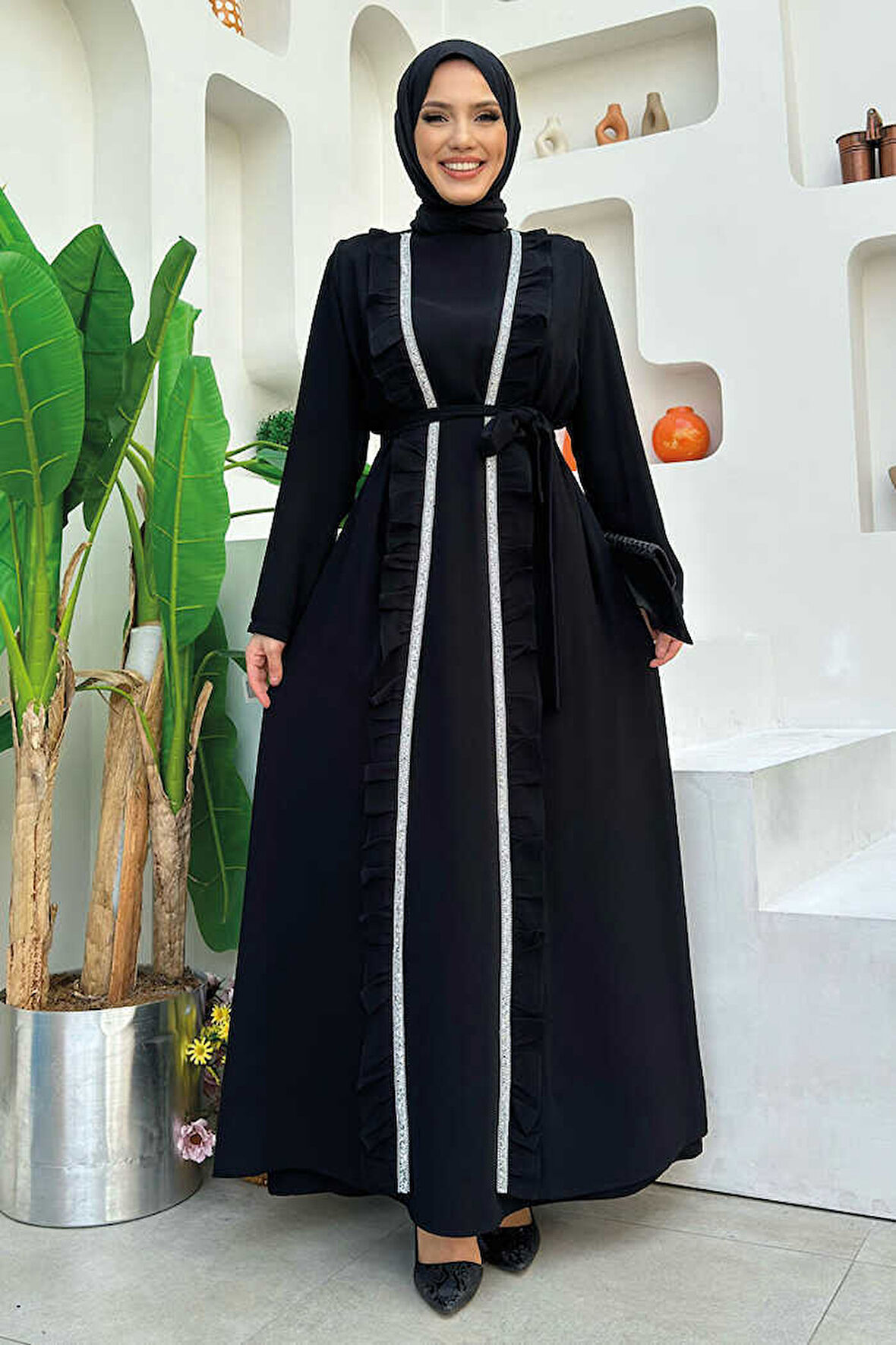 Boydan Fırfırlı Yelekli Elbise Takım 8489 Siyah