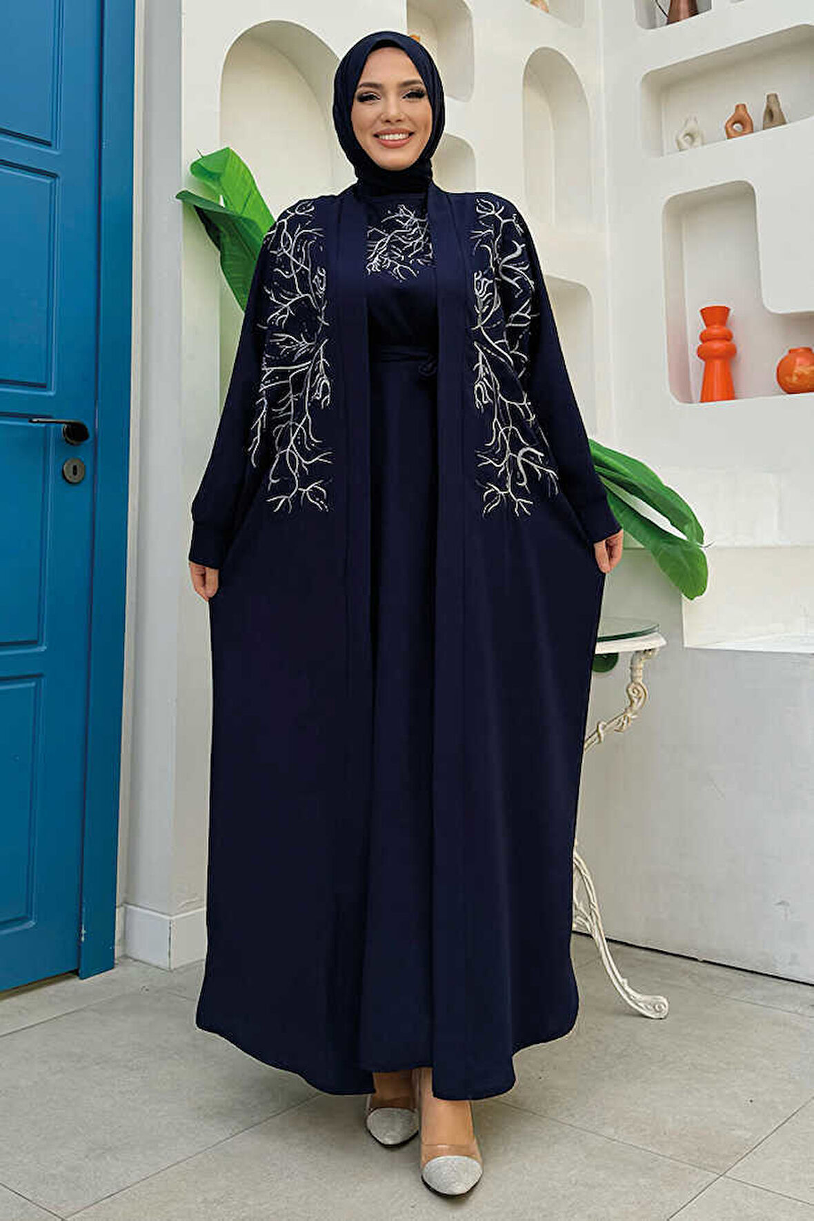 İşleme Detaylı Abaya ve Elbise Takım 8486 Lacivert