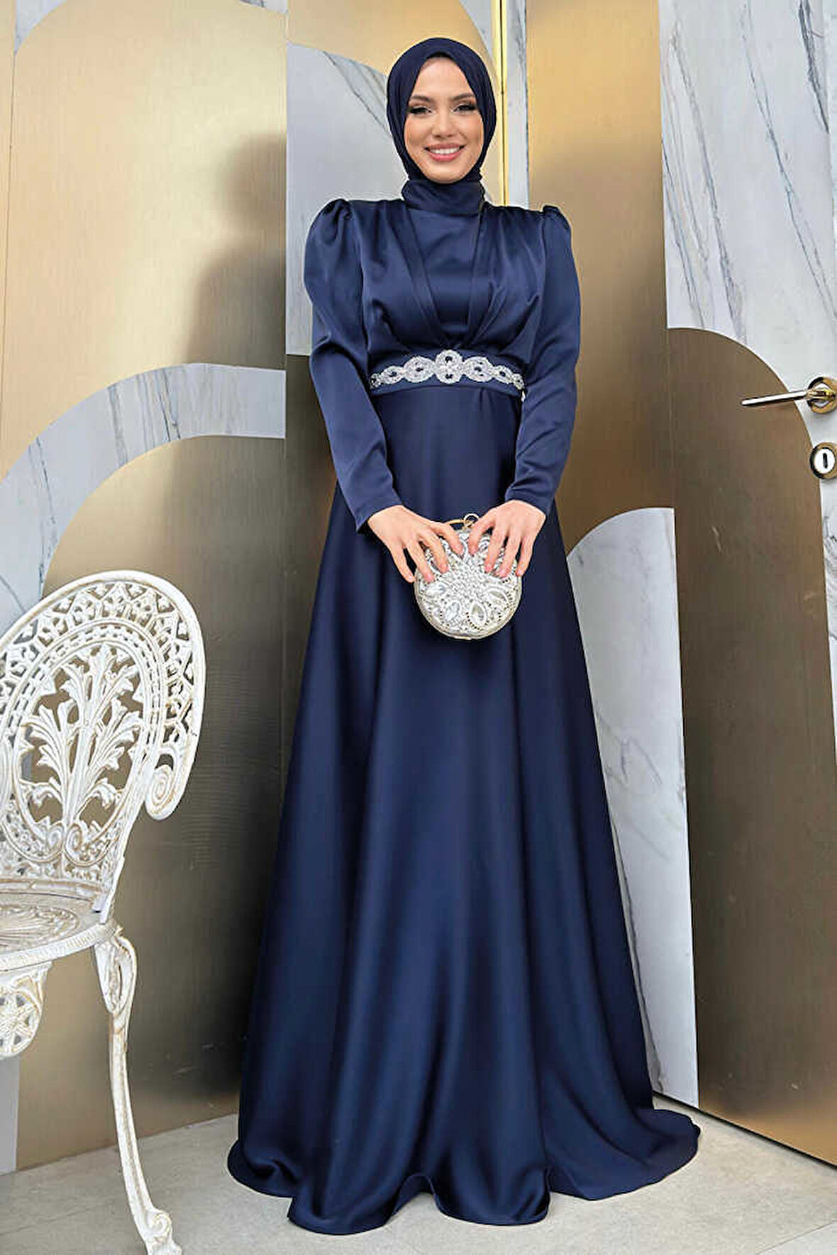 Taşlı Kemer Akseuarlı Saten Abiye Elbise 3863 Lacivert